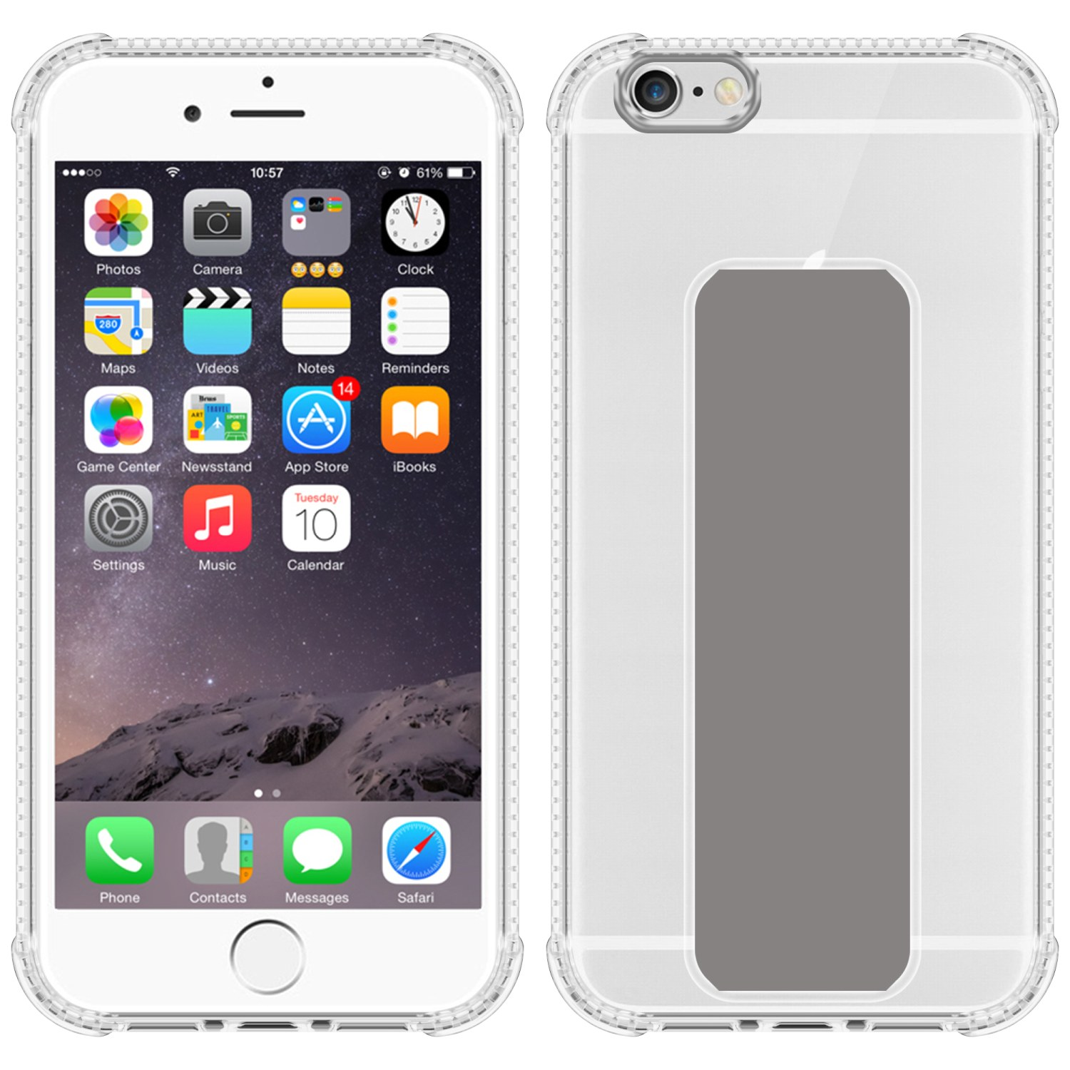 iPhone mit transparentem Gehäuse. Telefon zeigt Apps. Gehäuse ist klar. Der Hintergrund ist Berglandschaft.