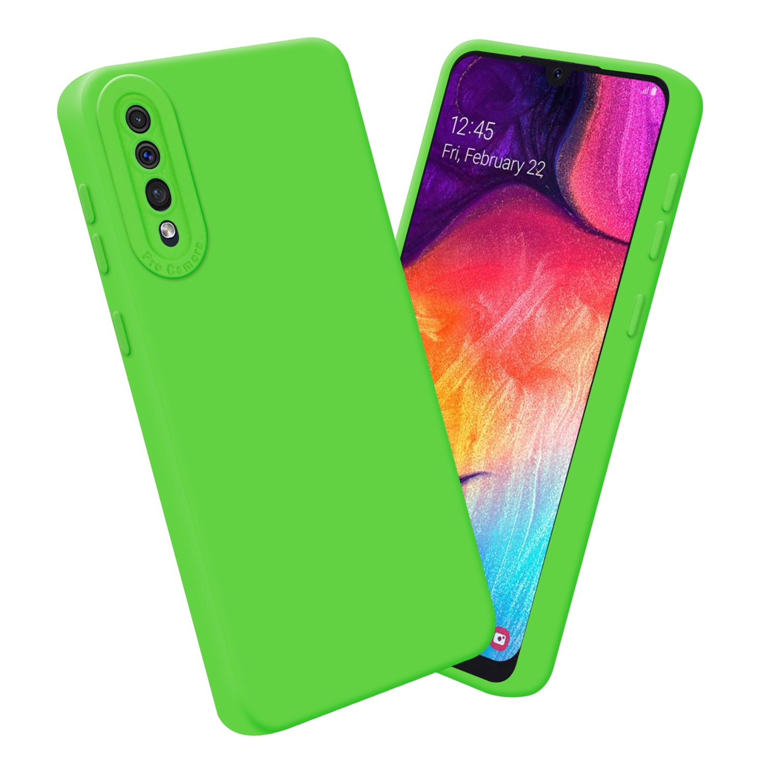 Grüne Handyhülle auf einem Telefon mit Bildschirm. Der Hintergrund ist weiß.