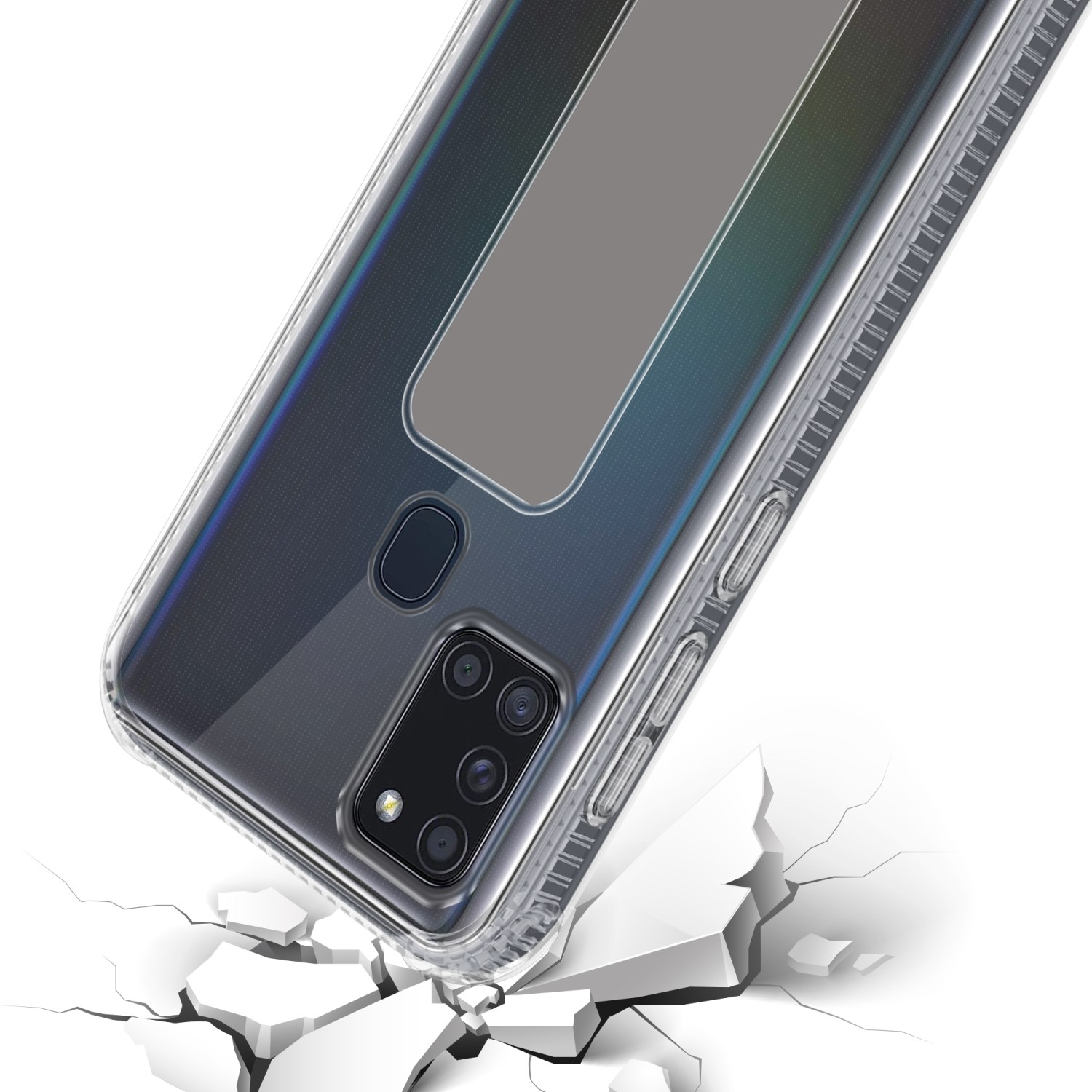 Transparente Handyhülle auf Oberfläche mit Riss-Effekt.