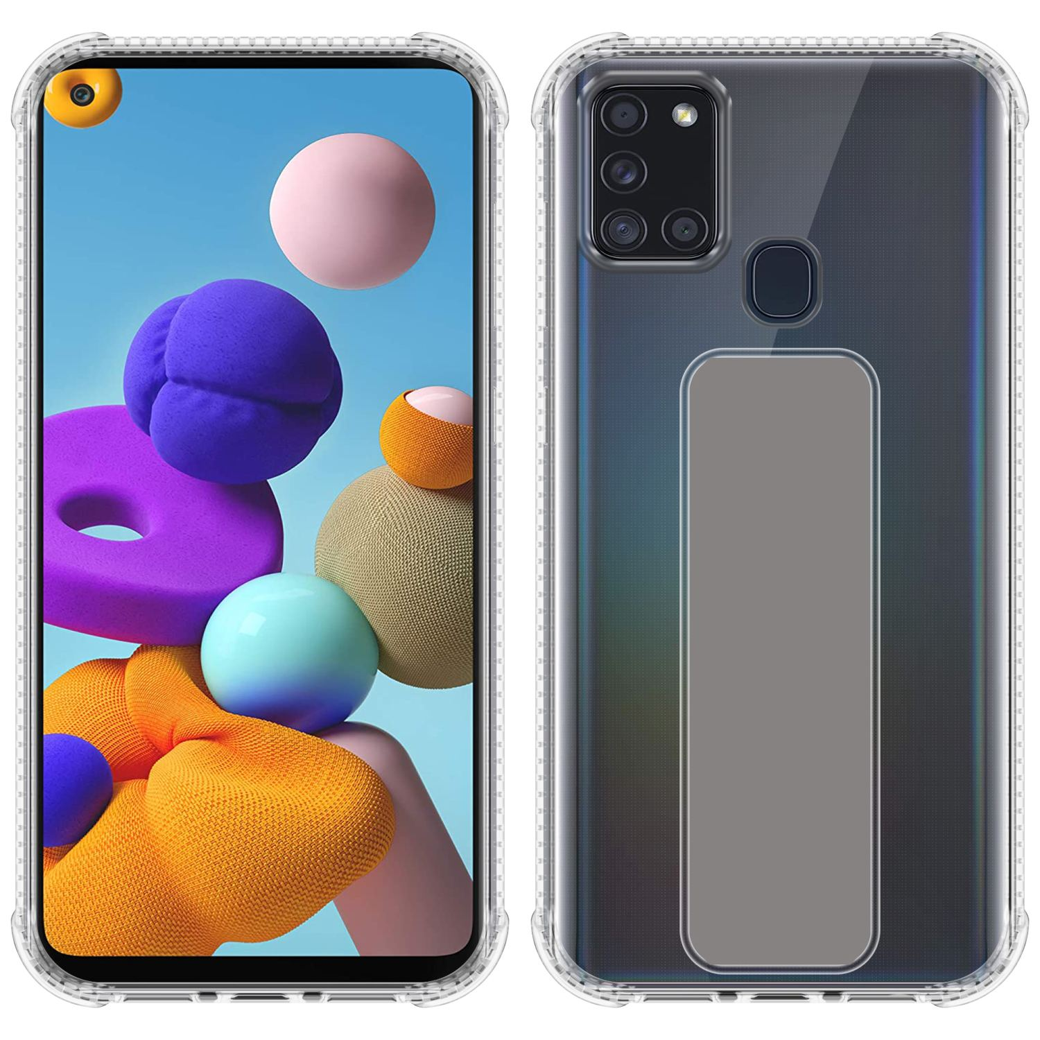 Zwei Telefonansichten: eine mit Hülle, die einen bunten Hintergrund mit Formen zeigt, die andere mit einer transparenten Hülle.