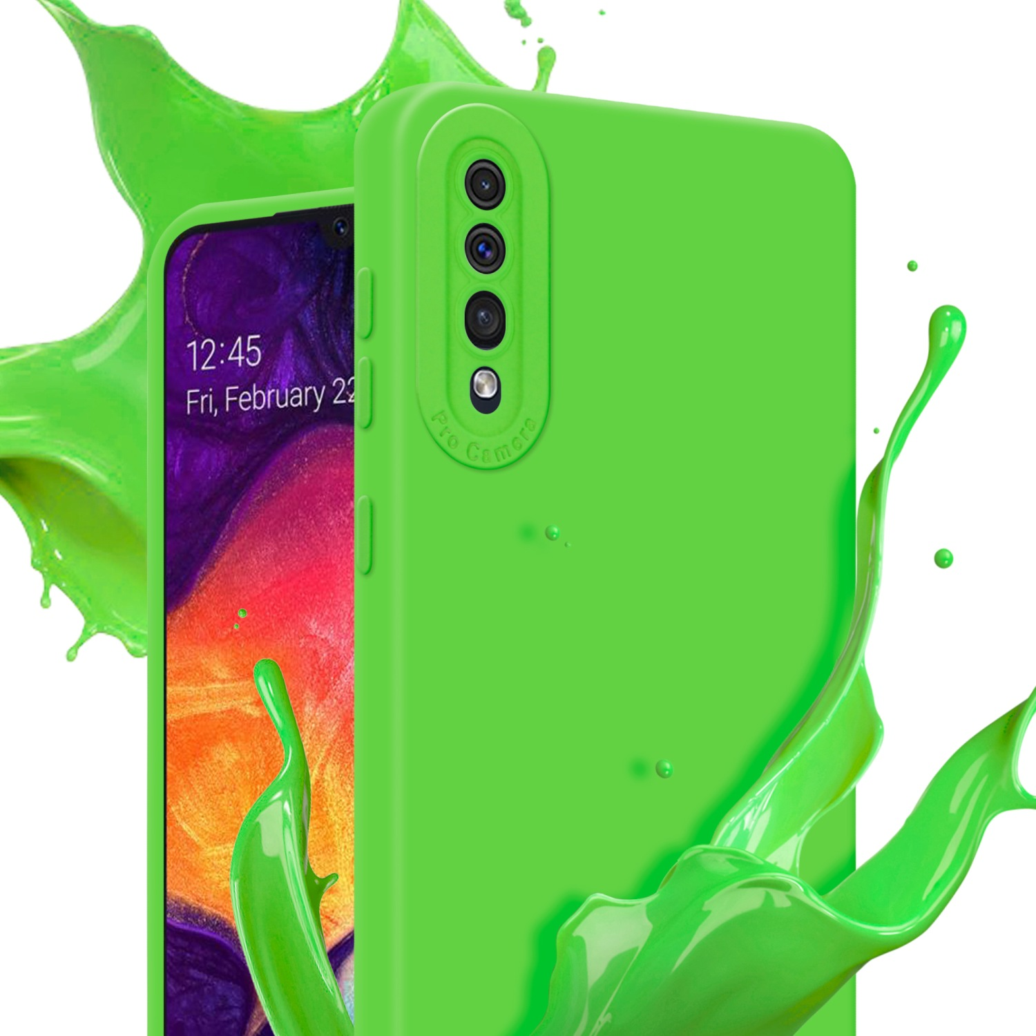 Grüne Handyhülle und Telefon. Grüne Farbspritzer im Hintergrund.