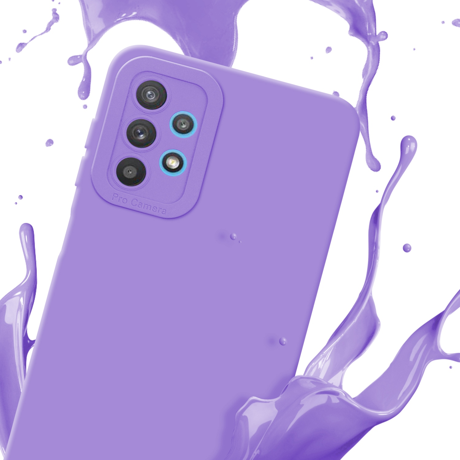 Coque de téléphone violette avec caméra, éclaboussure de peinture violette, fond blanc.