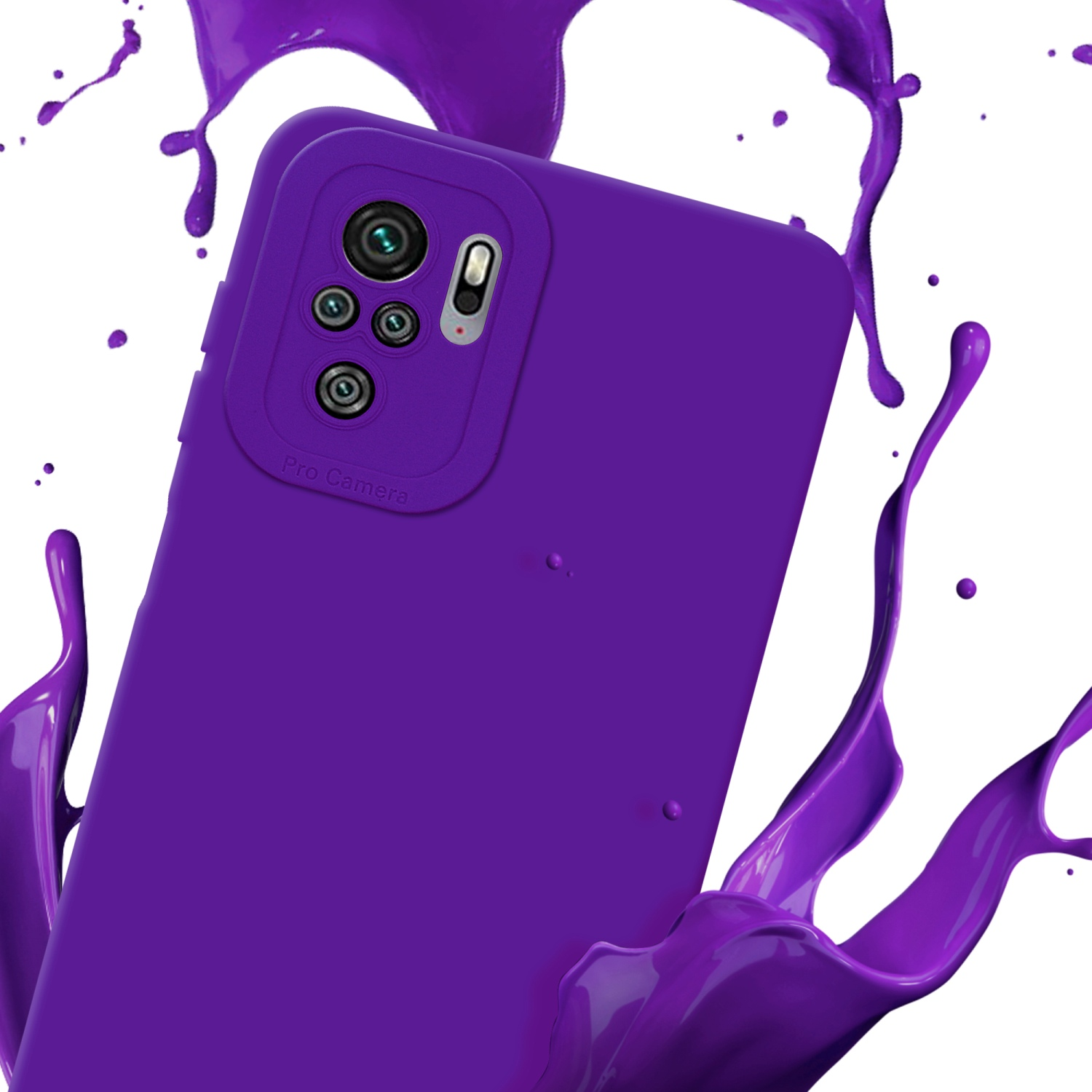 Custodia viola con schizzi di vernice viola. Fotocamera e dettagli del telefono visibili.
