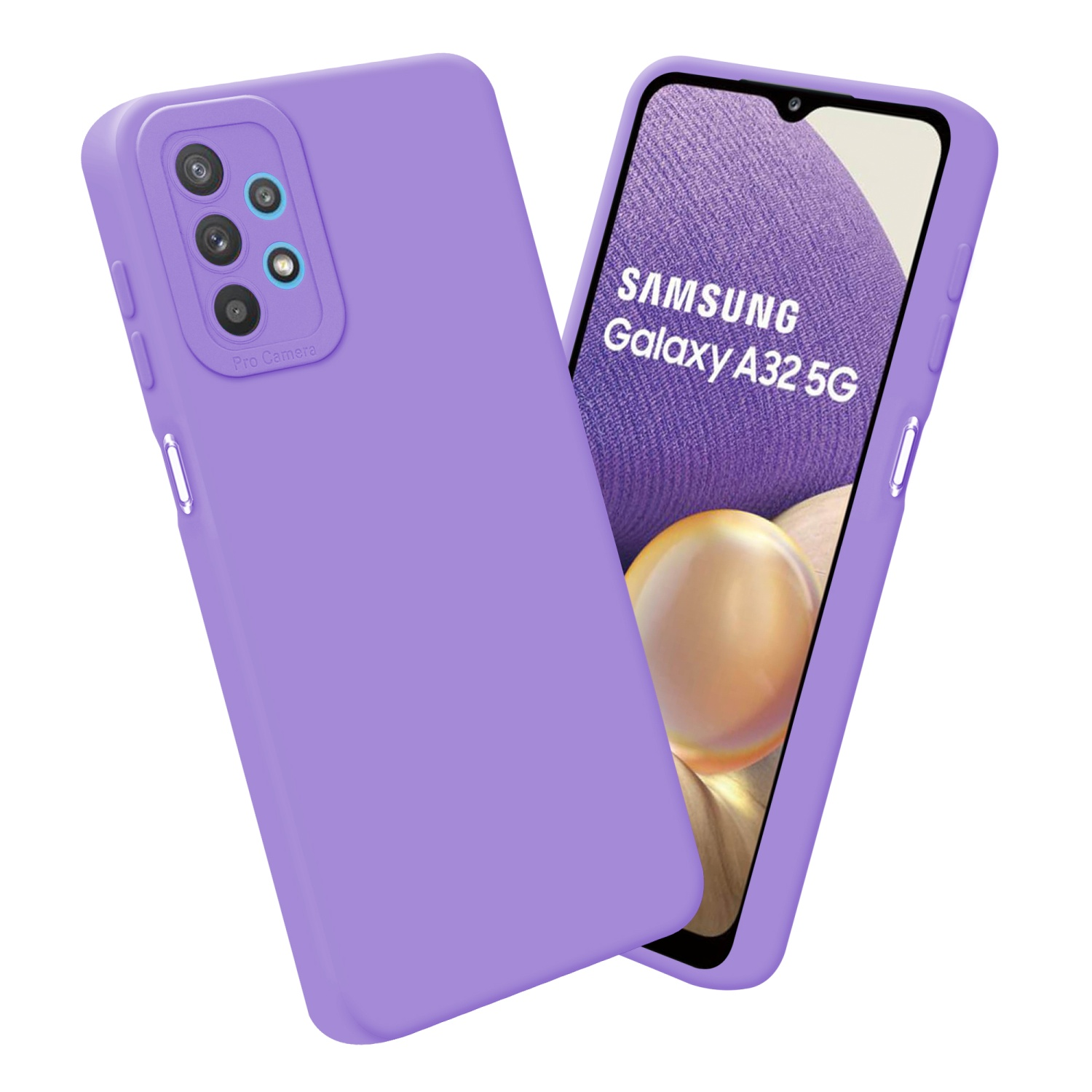 Coque de téléphone violette, avec un écran de téléphone, montrant le Samsung Galaxy A32 5G.