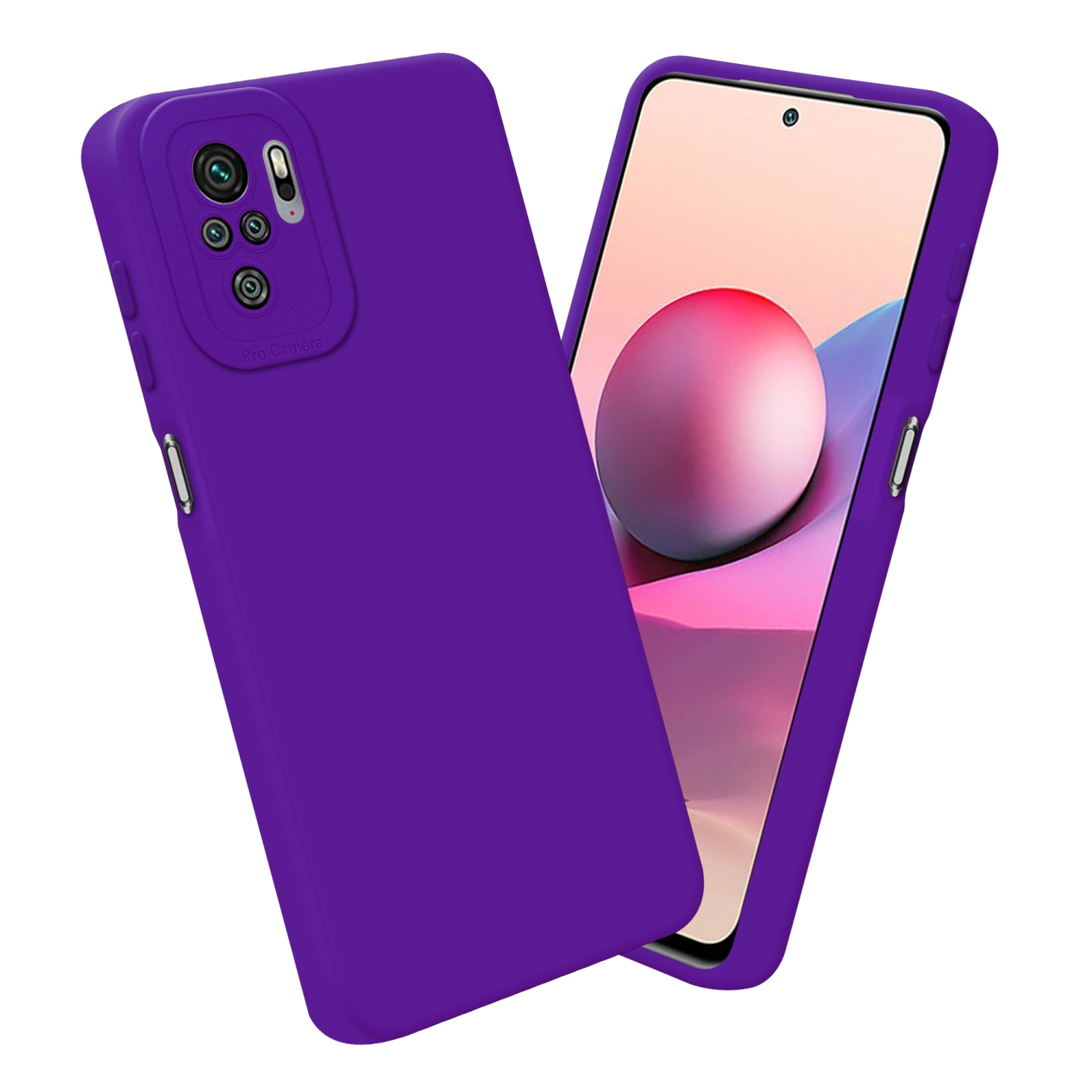 Custodie per telefono viola, una con telefono dentro. Ritagli per fotocamera, schermo visibile.