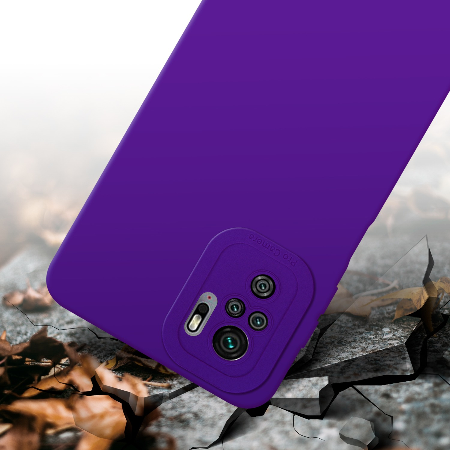 Custodia viola su superficie crepata. Foglie intorno.