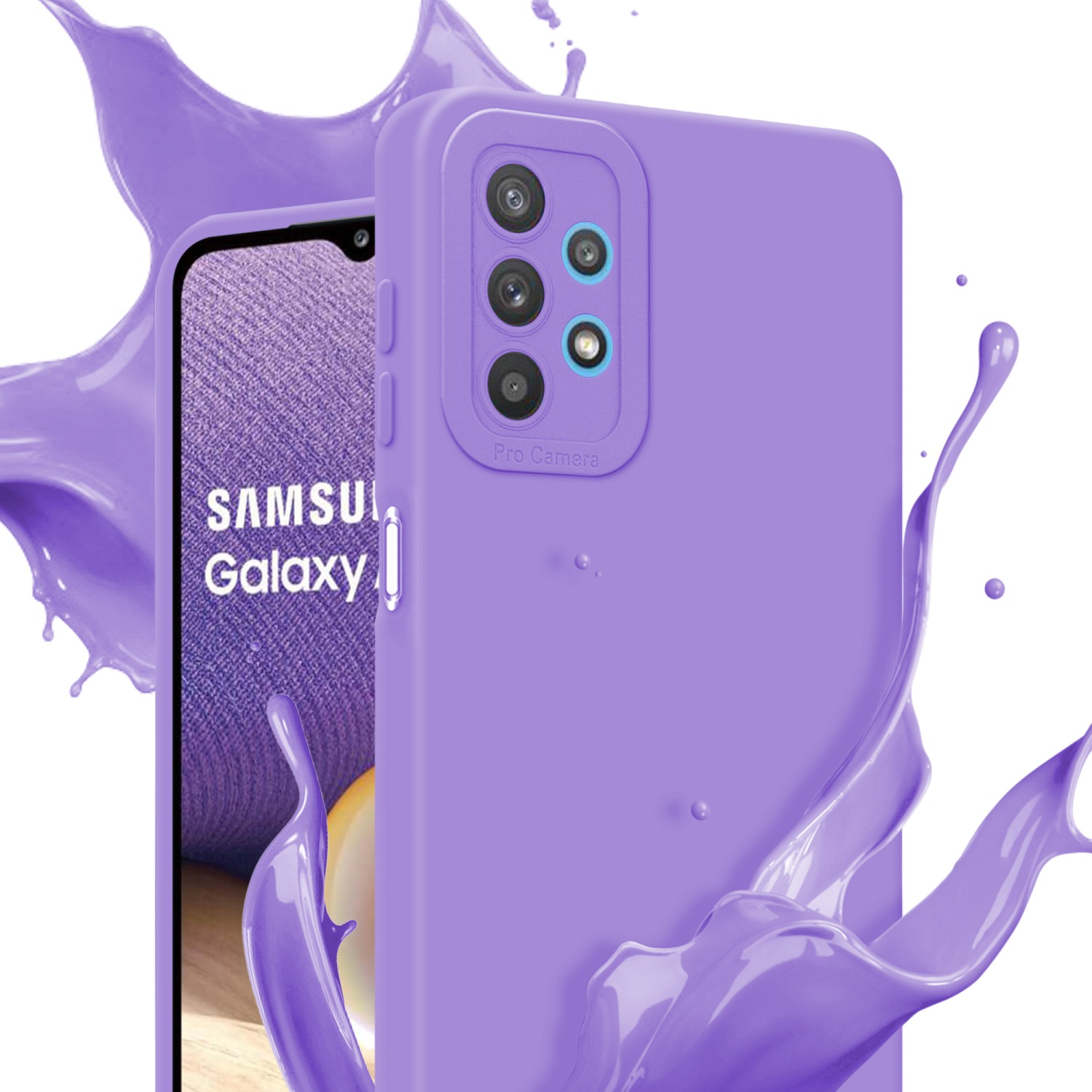 Coque de téléphone violette, téléphone avec écran. Éclaboussure de peinture violette. Fond blanc.