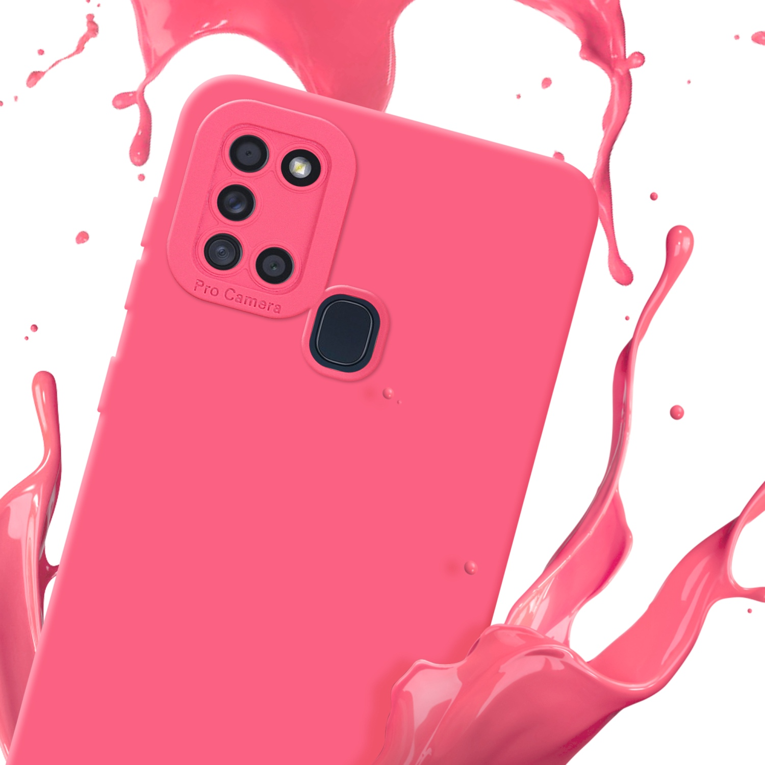 Coque de téléphone rose avec quatre caméras, éclaboussures de peinture rose sur fond blanc.