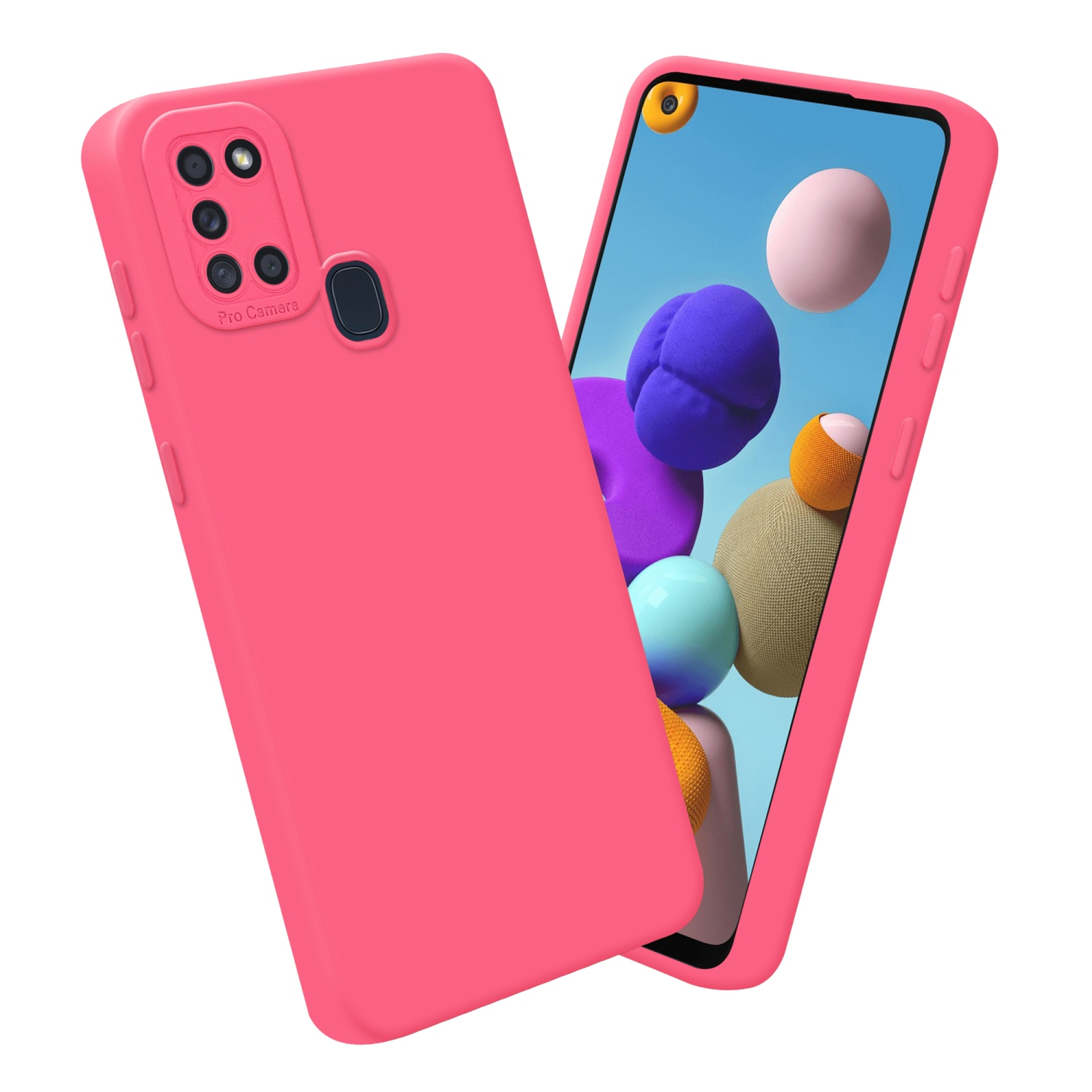 Étui de téléphone rose avec téléphone, vue arrière.