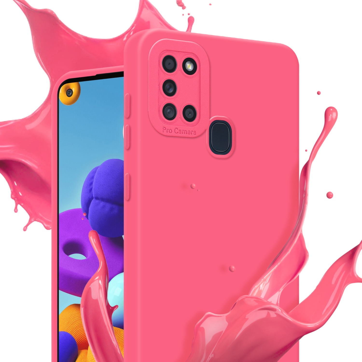 Coque de téléphone rose avec un téléphone à l'intérieur. Éclaboussure de liquide rose. Étiquette Pro Camera.