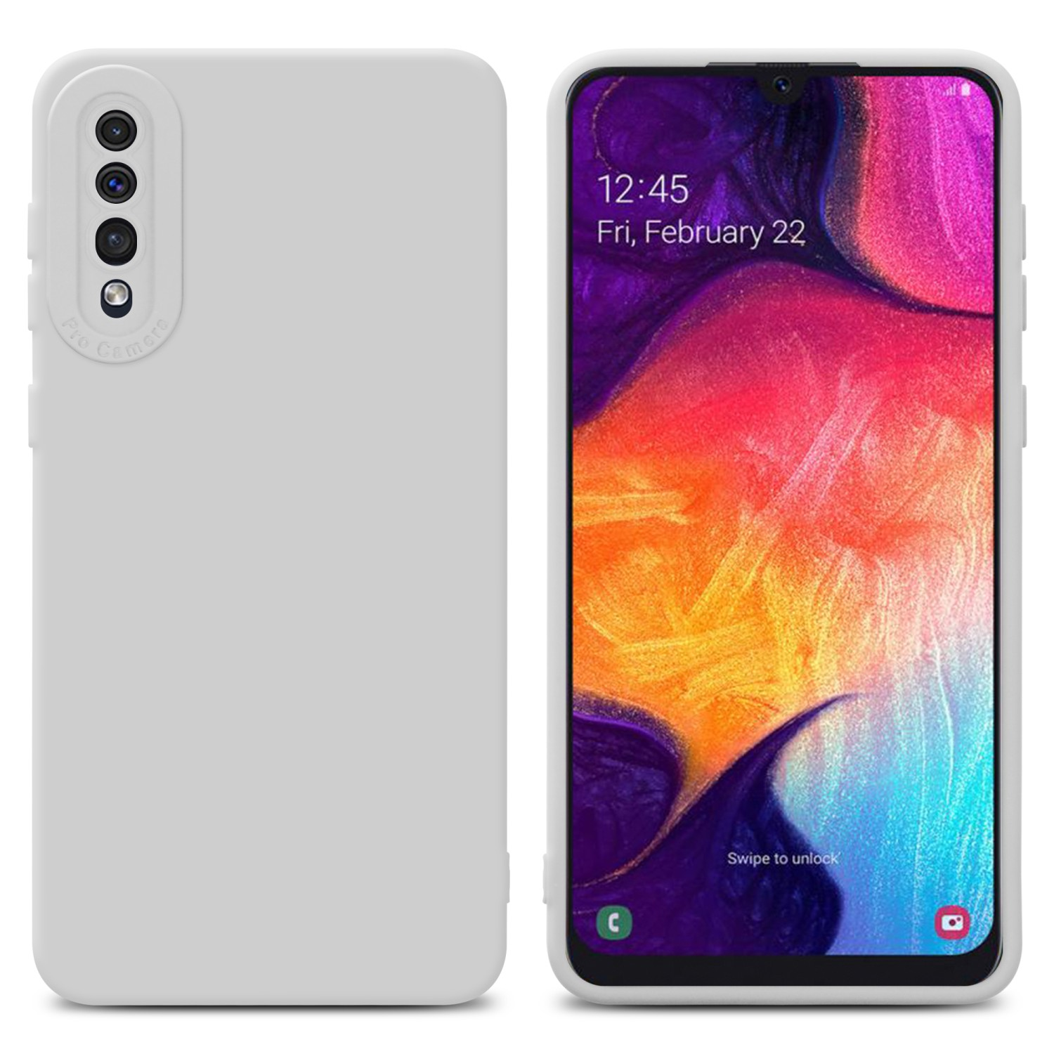 Custodia bianca con telefono con display colorato. L'ora è 12:45.