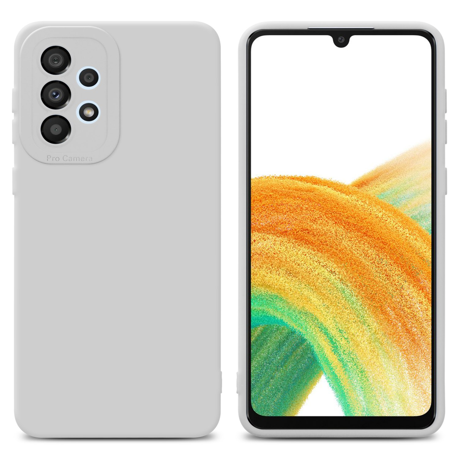 Due viste di un telefono in una custodia grigio chiaro. La parte posteriore ha un rilievo per la fotocamera. Schermo visibile.