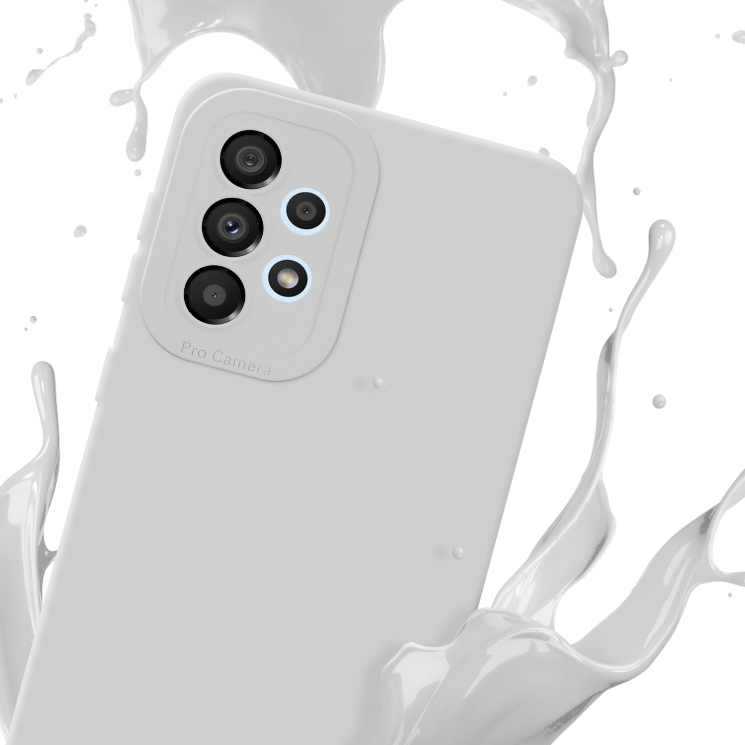 Custodia bianca per telefono con fotocamera, spruzzi di vernice bianca su sfondo bianco.