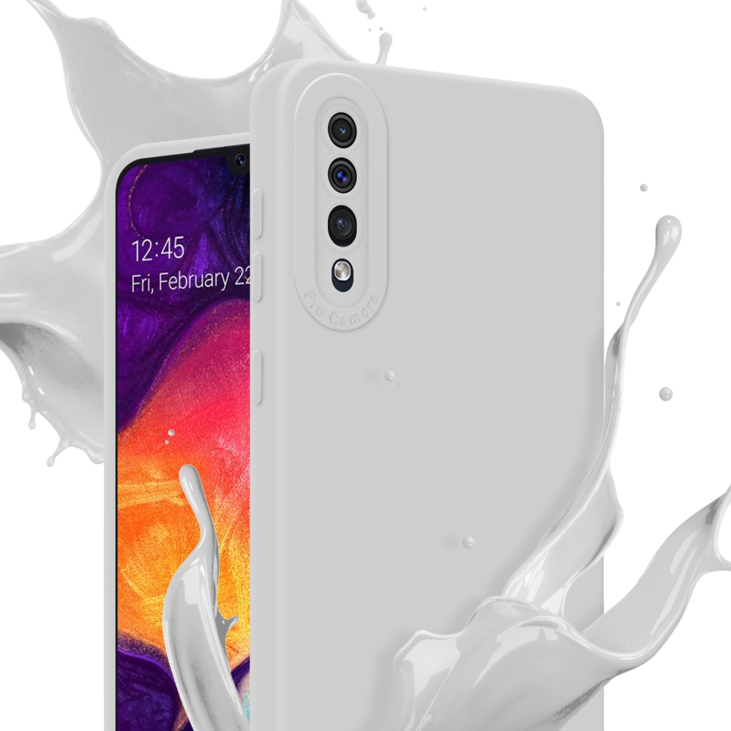 Custodia bianca per telefono con telefono all'interno, con schizzi di liquido bianco su sfondo bianco.