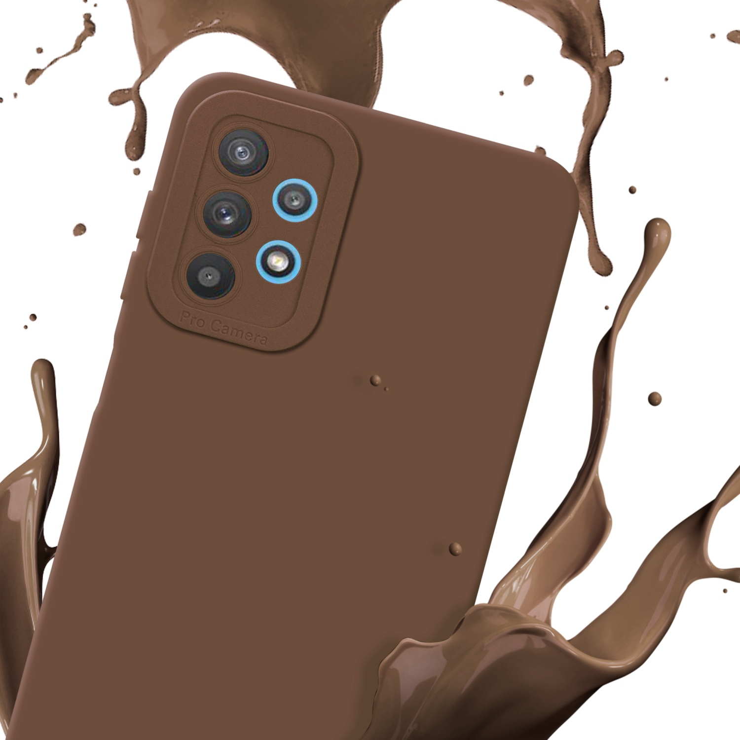 Coque de téléphone marron avec caméra pro, éclaboussure de liquide marron sur fond blanc.