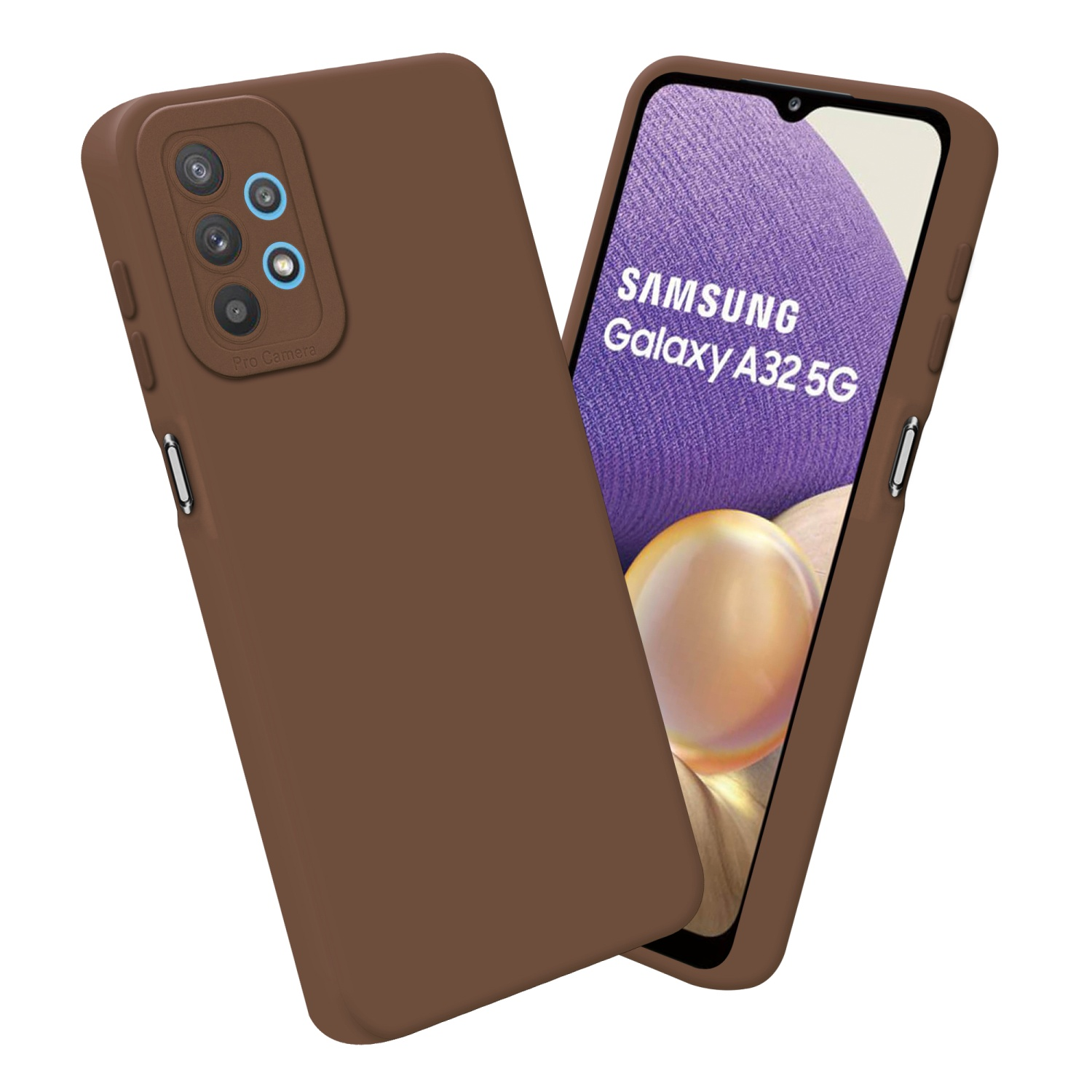 Coque de téléphone marron et un téléphone avec écran. La coque a des découpes caméra.