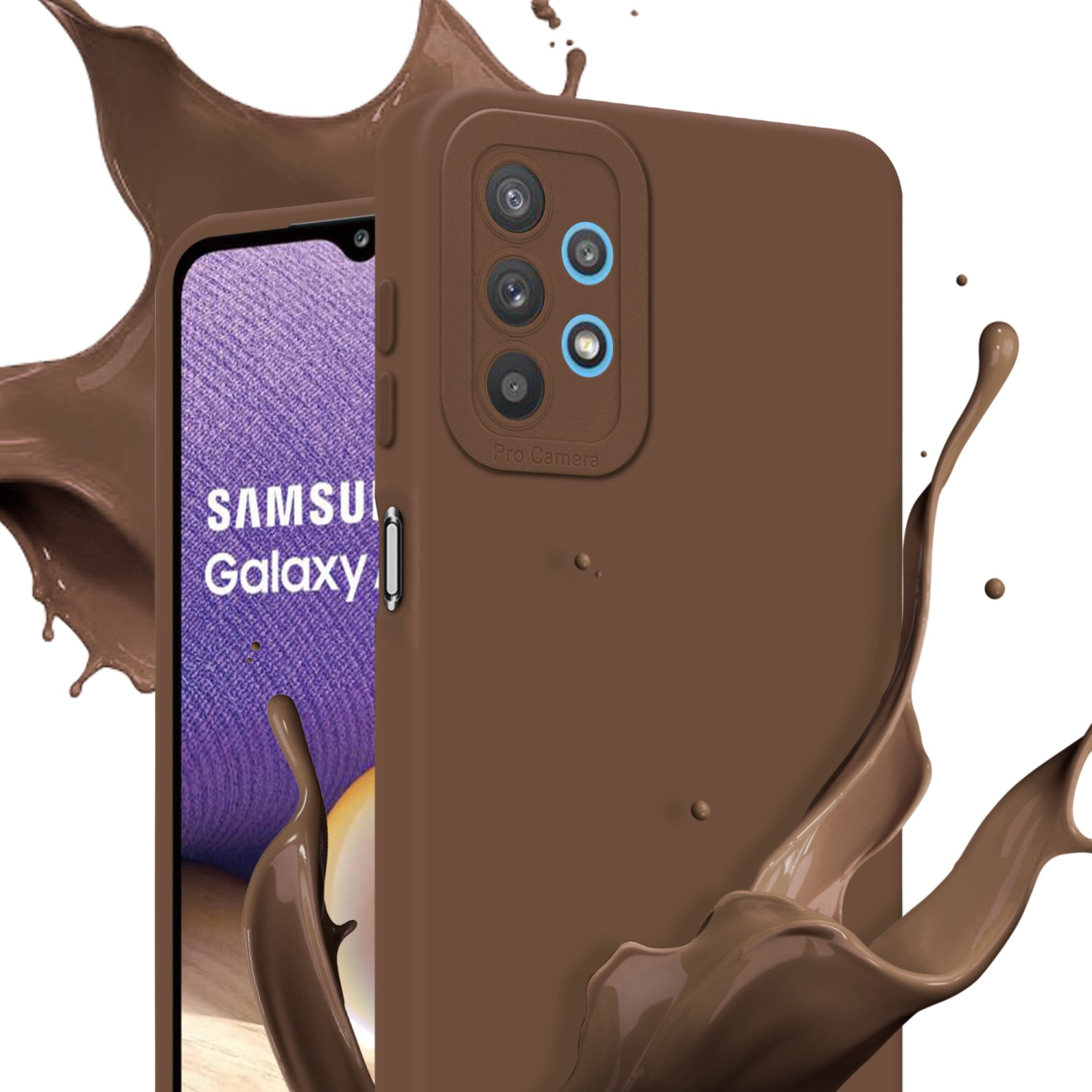 Un étui de téléphone marron avec un téléphone à l'intérieur est éclaboussé de liquide marron. Le téléphone affiche une interface.