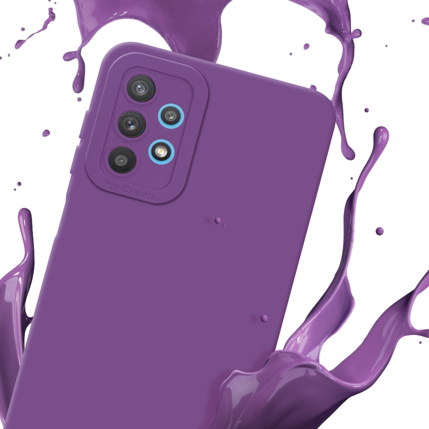 Custodia per telefono viola con spruzzo di vernice viola. Fotocamera visibile. Sfondo bianco.