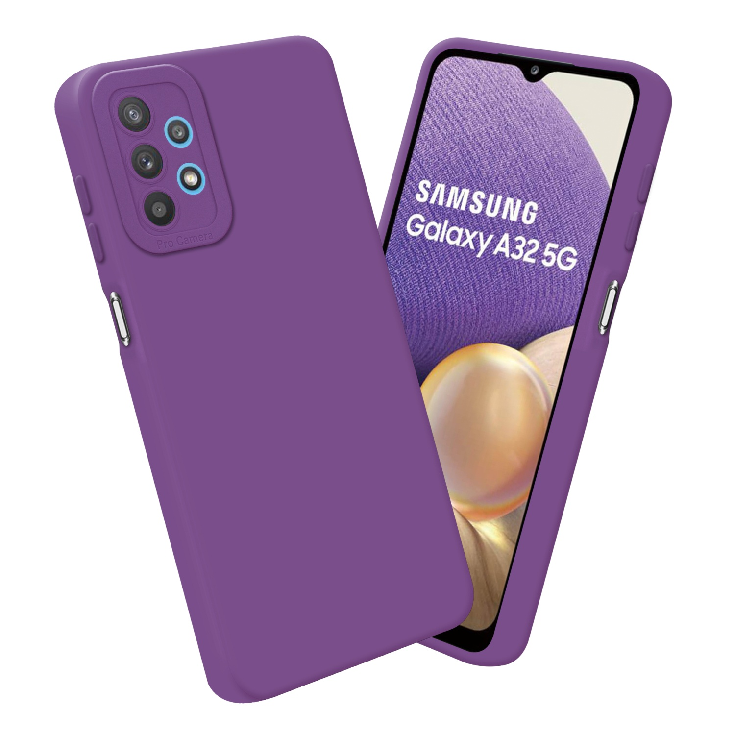 Custodia viola con un telefono dentro. 'Samsung Galaxy A32 5G' è scritto sullo schermo.