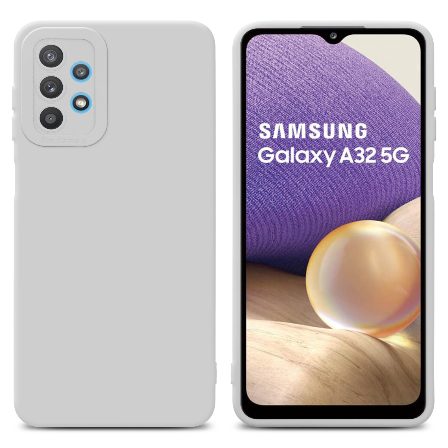 Custodia bianca e schermo del telefono. Sul display: Samsung Galaxy A32 5G.