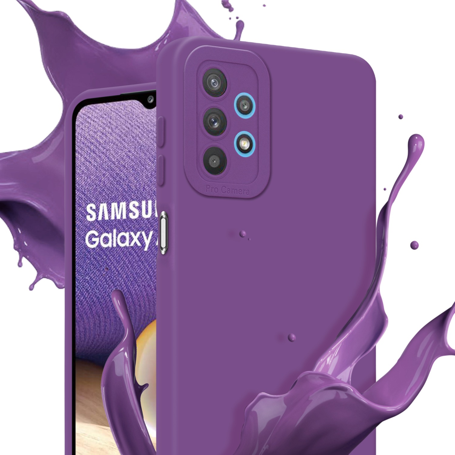 Custodia per telefono viola con telefono, sfondo a spruzzi. Schermo Samsung Galaxy visibile.