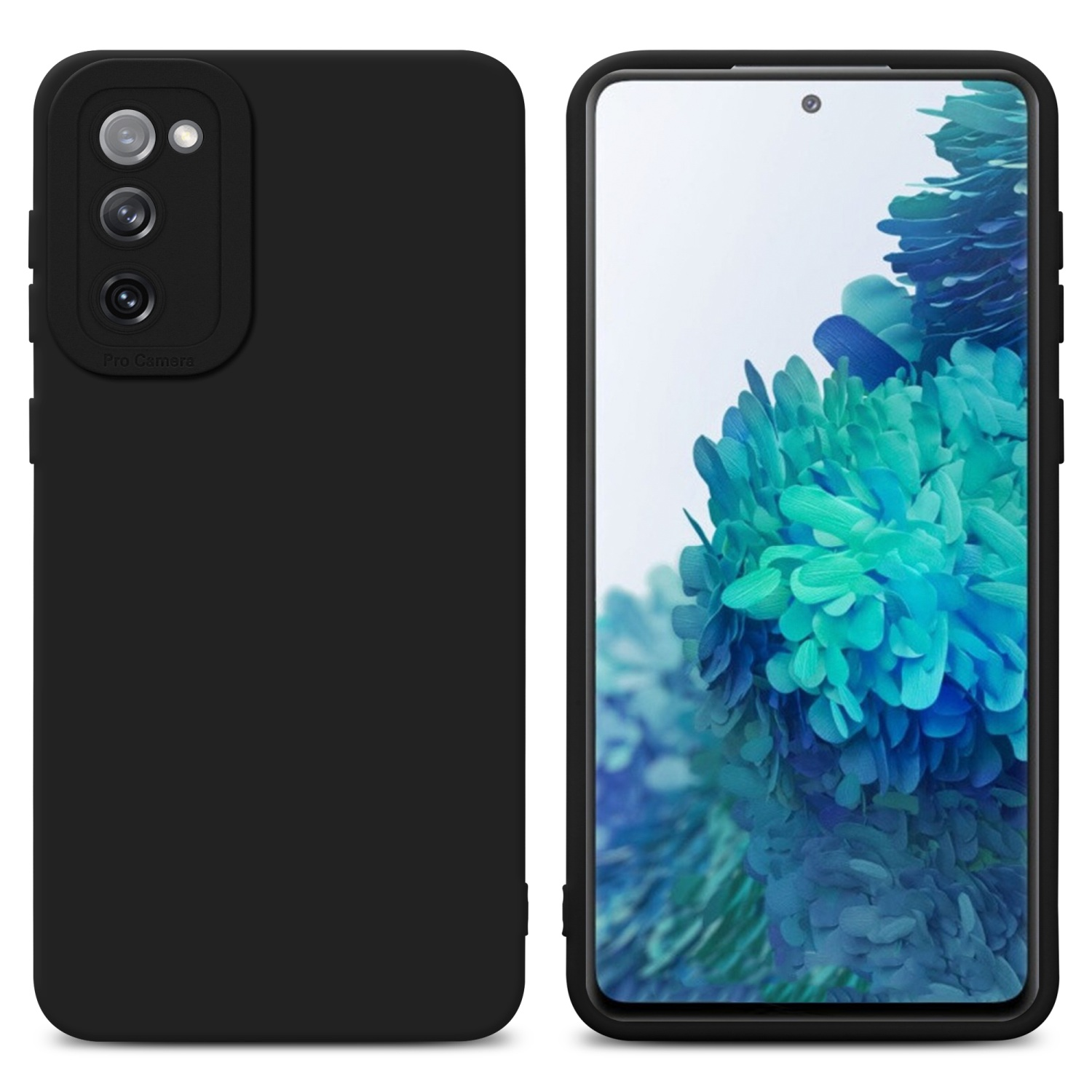 Custodia nera per telefono accanto a un telefono con schermo che mostra colori verdi e blu.