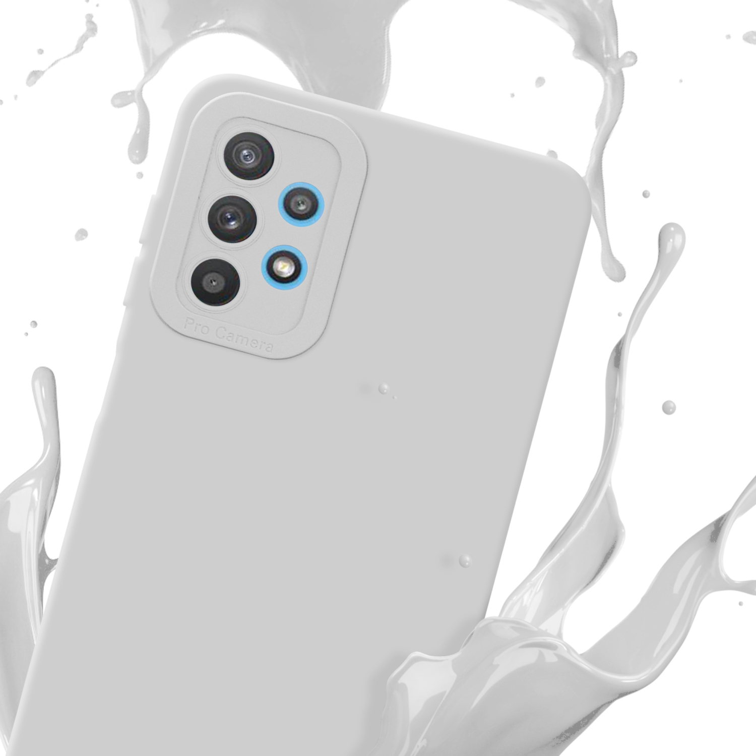 Custodia bianca con effetto splash. Etichetta Pro Camera sulla protuberanza della fotocamera. Schizzi di liquido.
