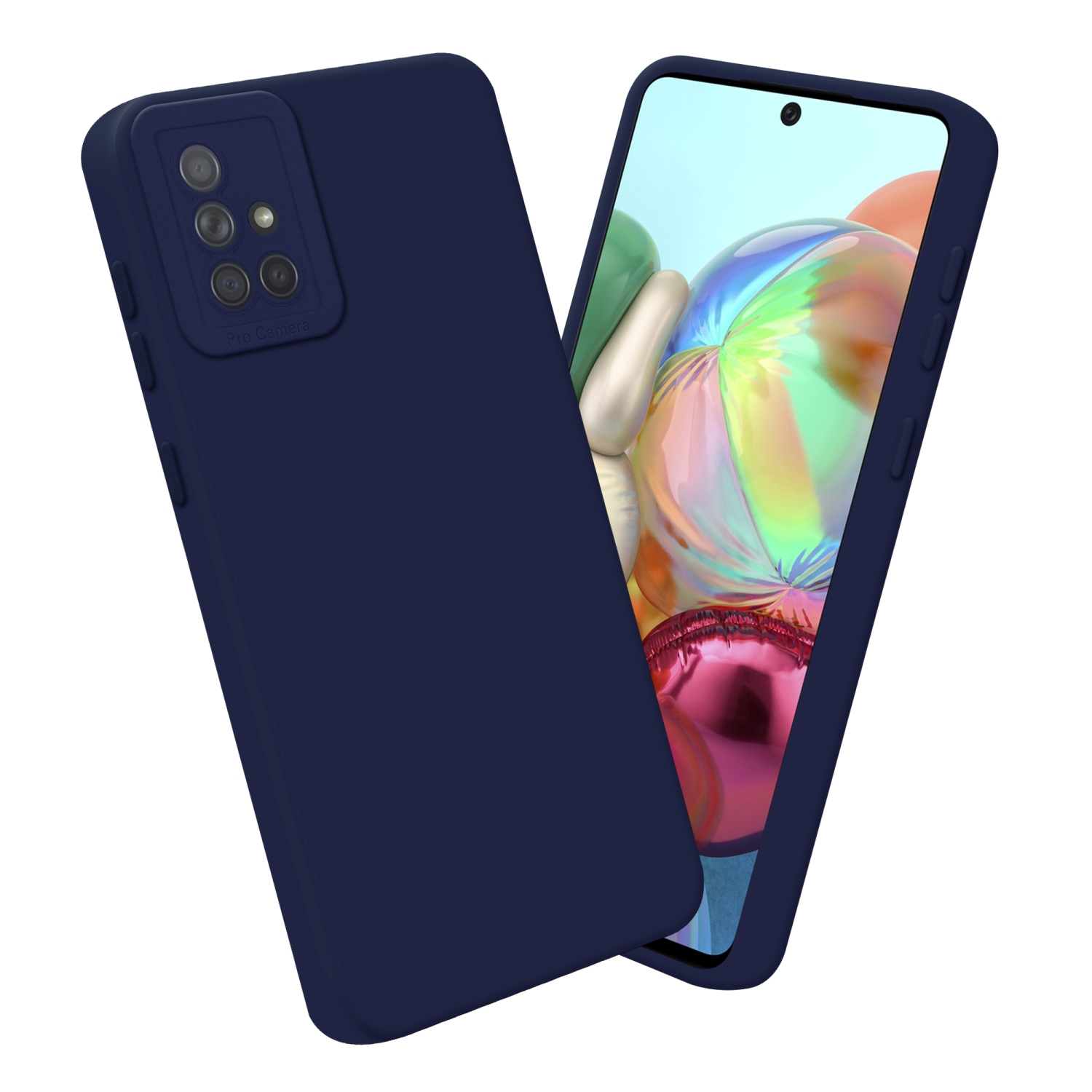 Custodia blu e un telefono con schermo colorato vengono visualizzati.