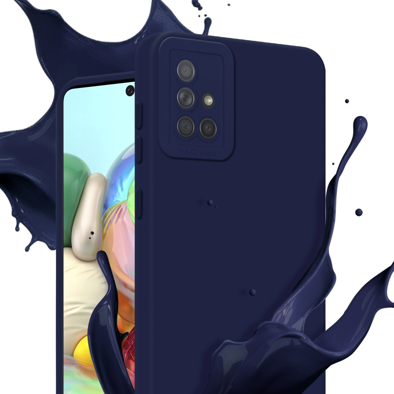 Custodia blu scuro con schizzo blu. Schermo del telefono visibile.