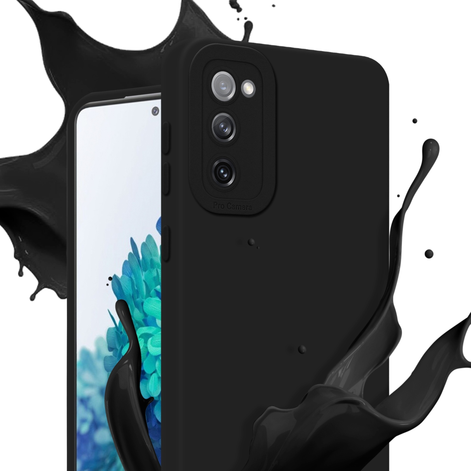 Custodia nera su un telefono. Effetto spruzzo di vernice nera. Sfondo bianco.