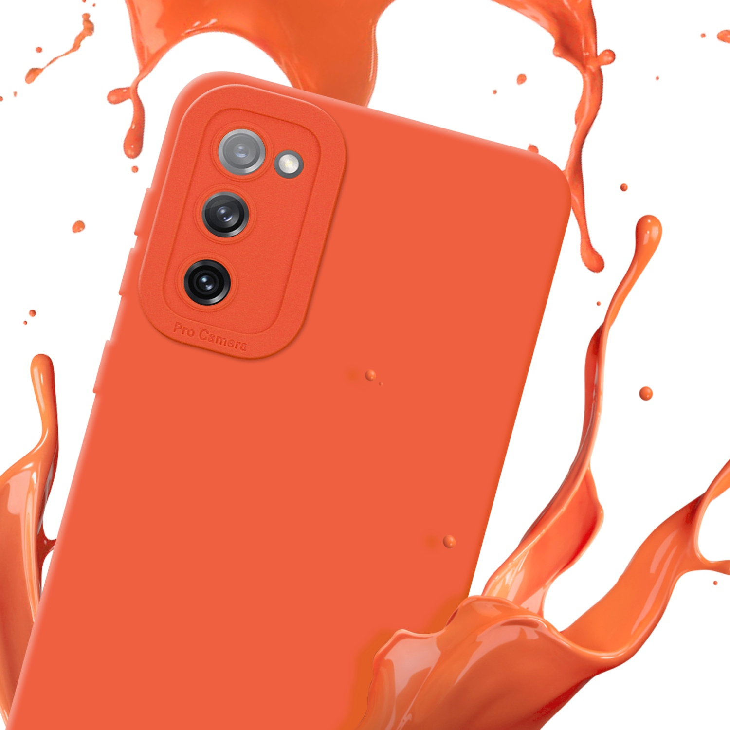 Una custodia per telefono arancione con un effetto splash arancione. Lo sfondo è bianco.