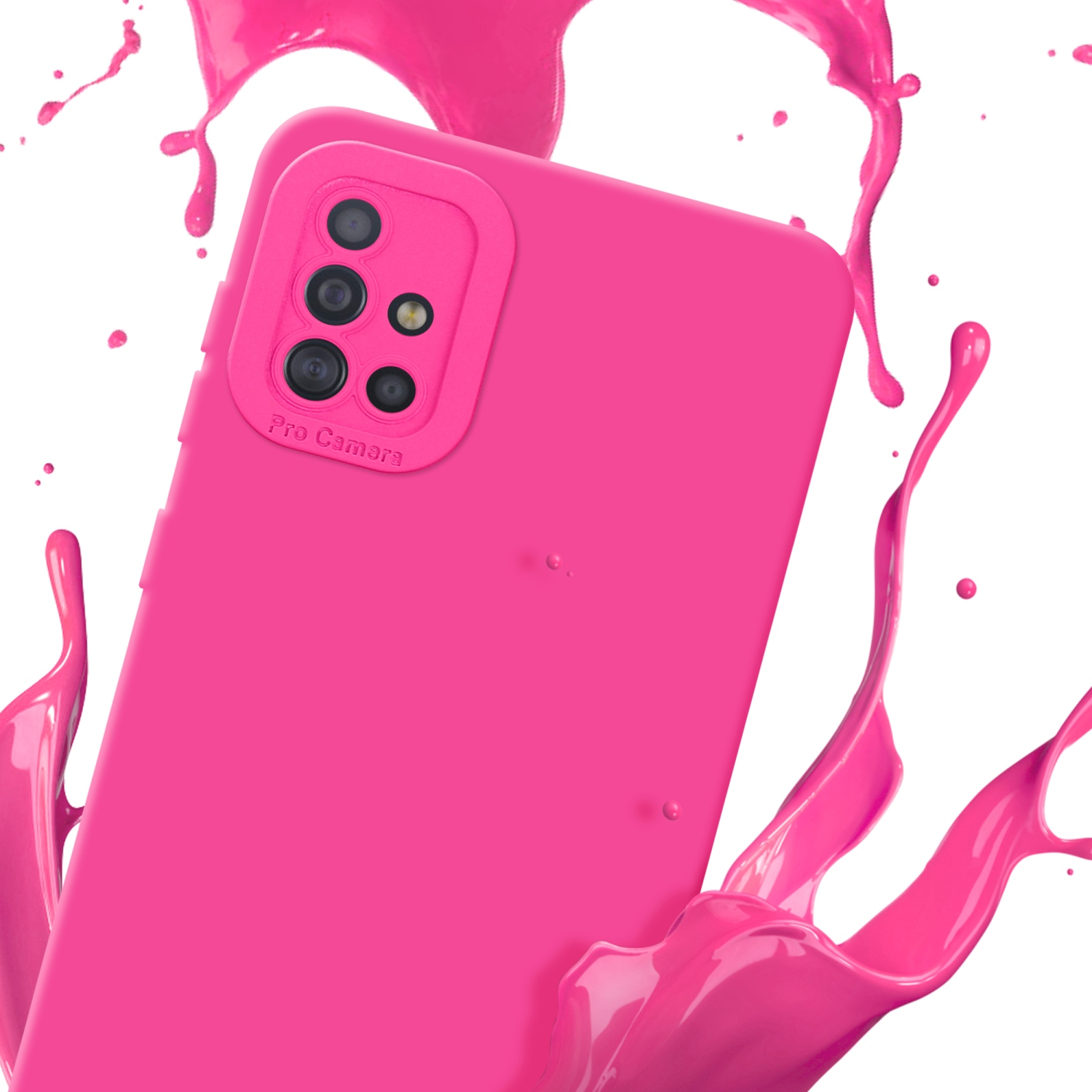 Custodia rosa con schizzi di vernice rosa. Fotocamera del telefono visibile dietro.