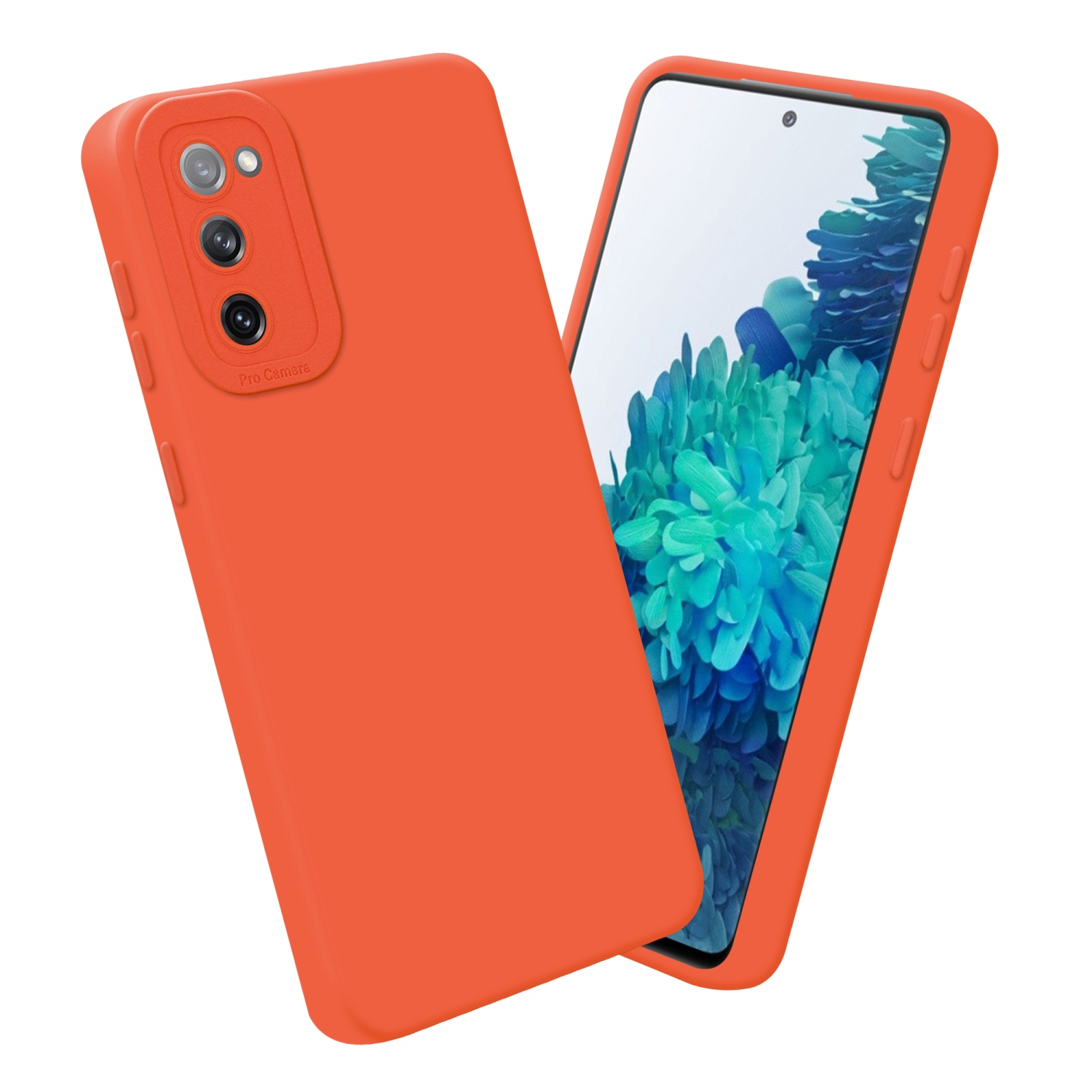 Custodia arancione con tripla fotocamera. Il telefono è a destra, schermo visibile.