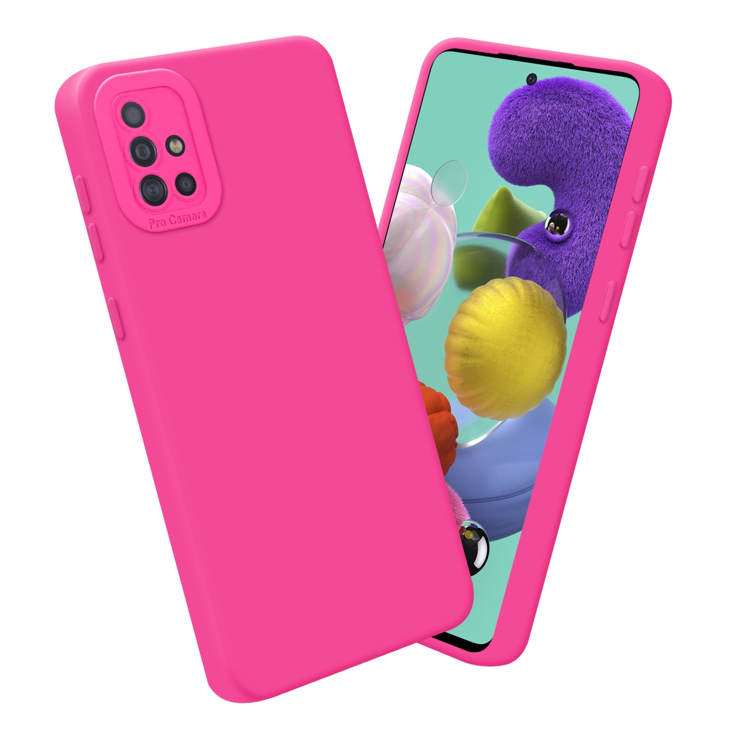 Custodia per telefono rosa con un telefono che mostra un personaggio peloso viola e una custodia rosa sullo sfondo.