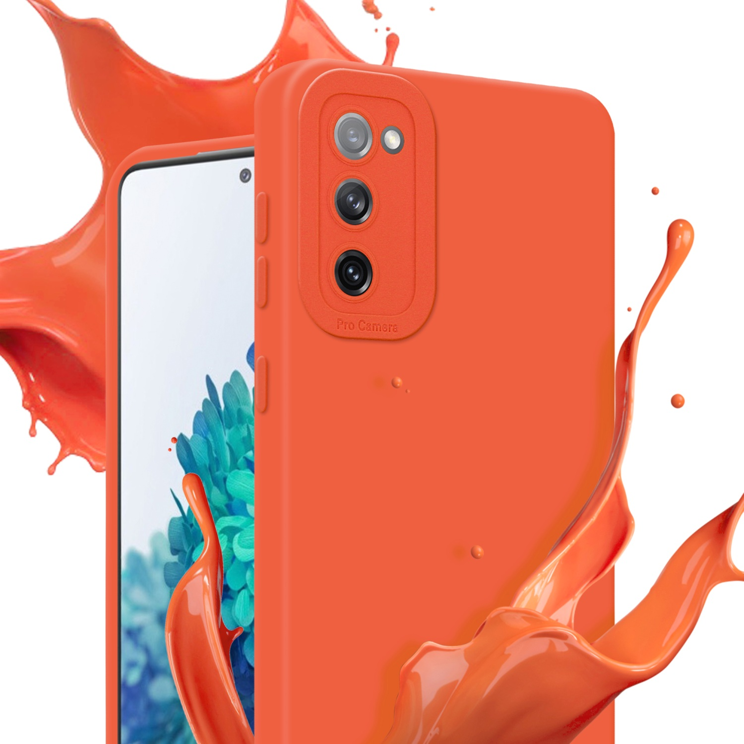 Una custodia arancione con un telefono all'interno e spruzzi di vernice arancione intorno.