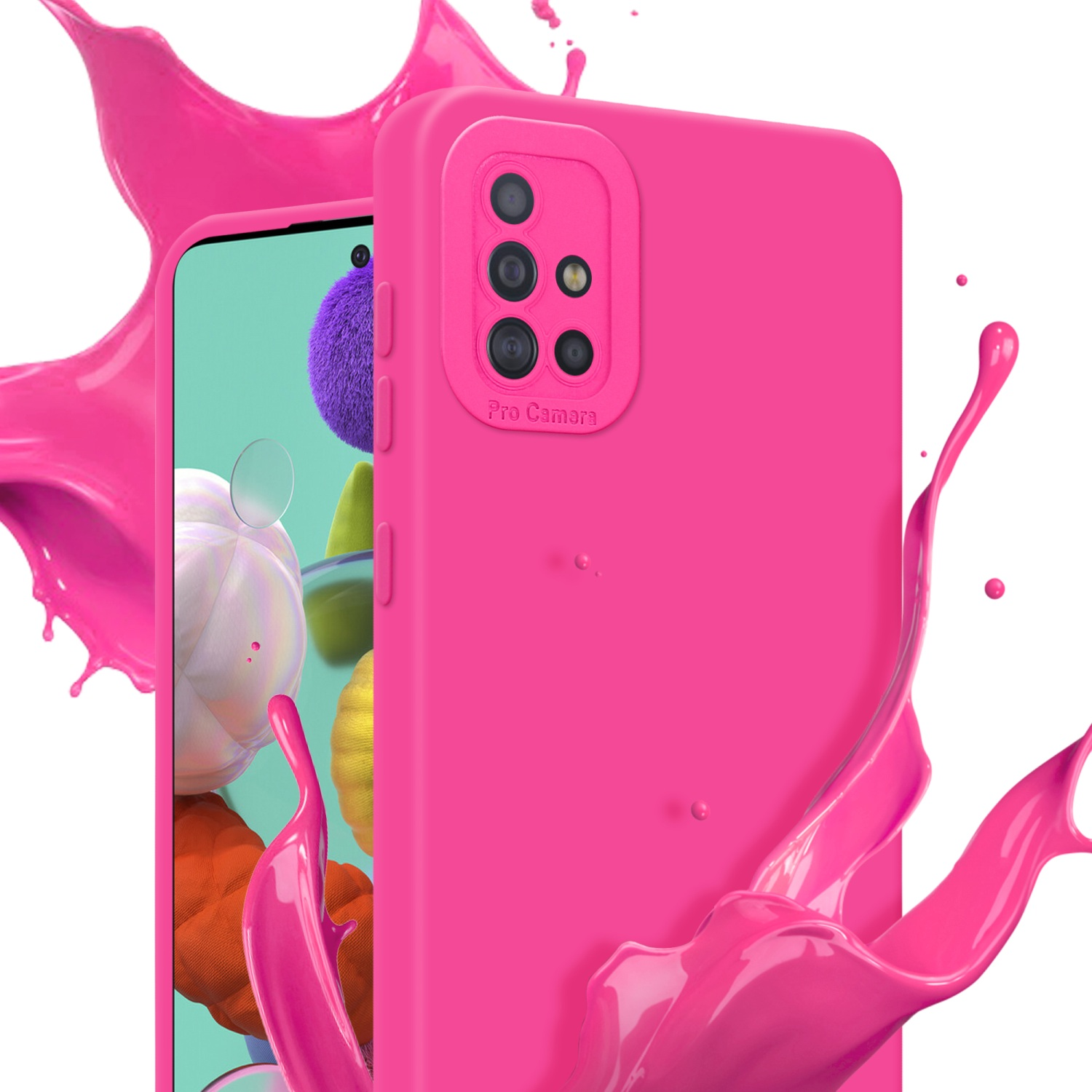 Custodia per telefono rosa con uno schizzo di vernice rosa e un telefono che mostra lo schermo. Sfondo bianco.
