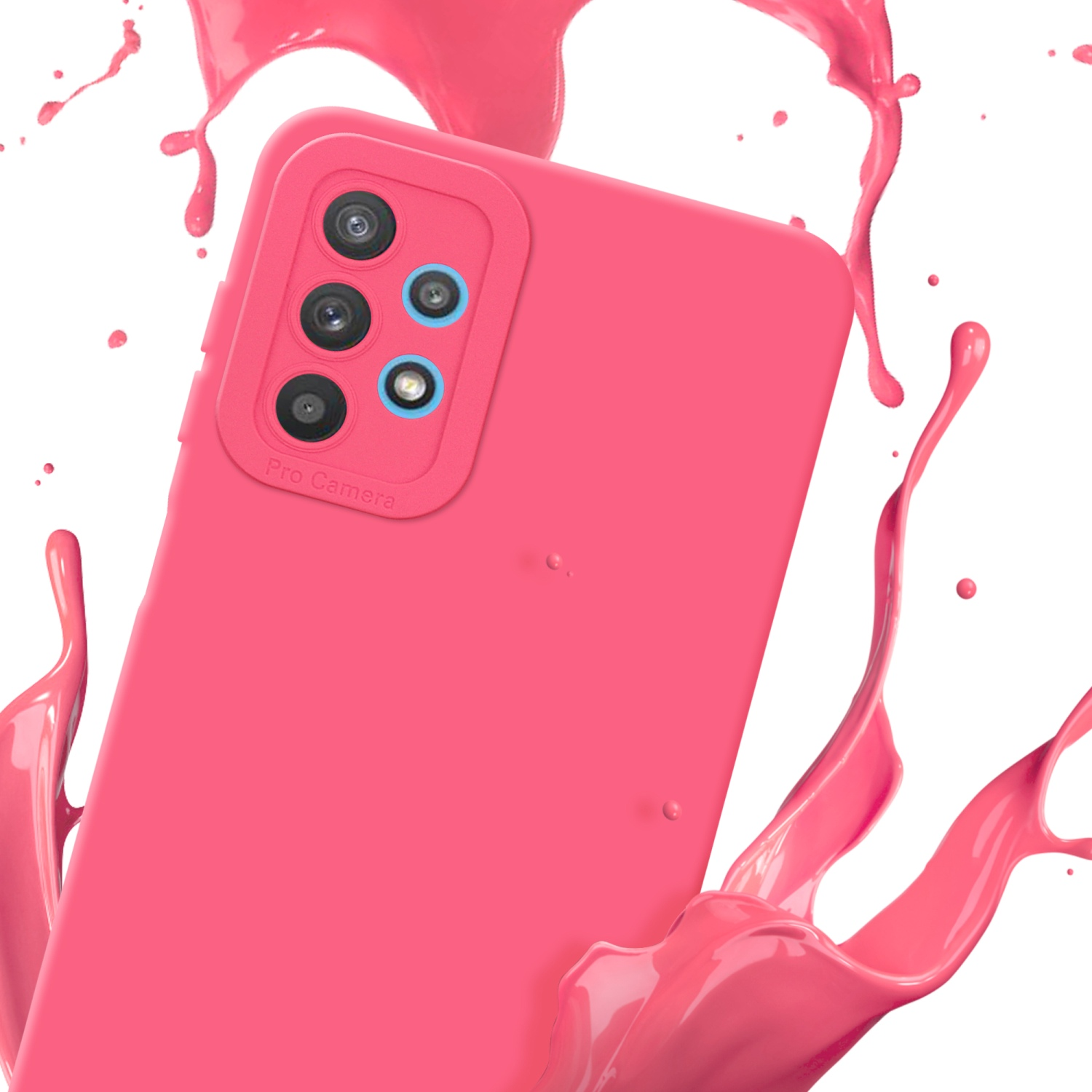 Custodia rosa con effetto spruzzo di vernice. Sfondo bianco. Scritto Pro Camera.
