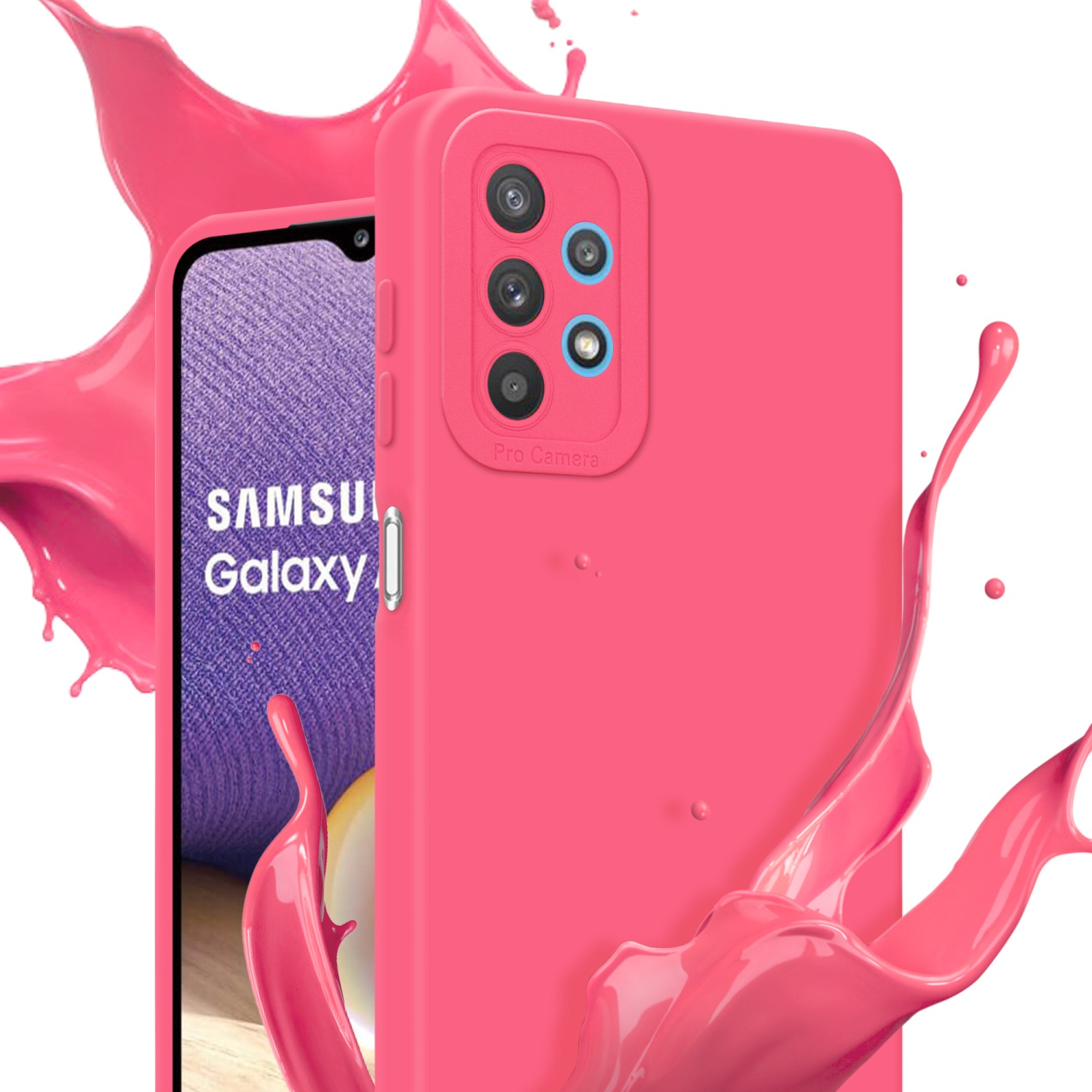 Una custodia per telefono rosa con tre lenti della fotocamera e uno spruzzo di liquido rosa, accanto allo schermo di un telefono.