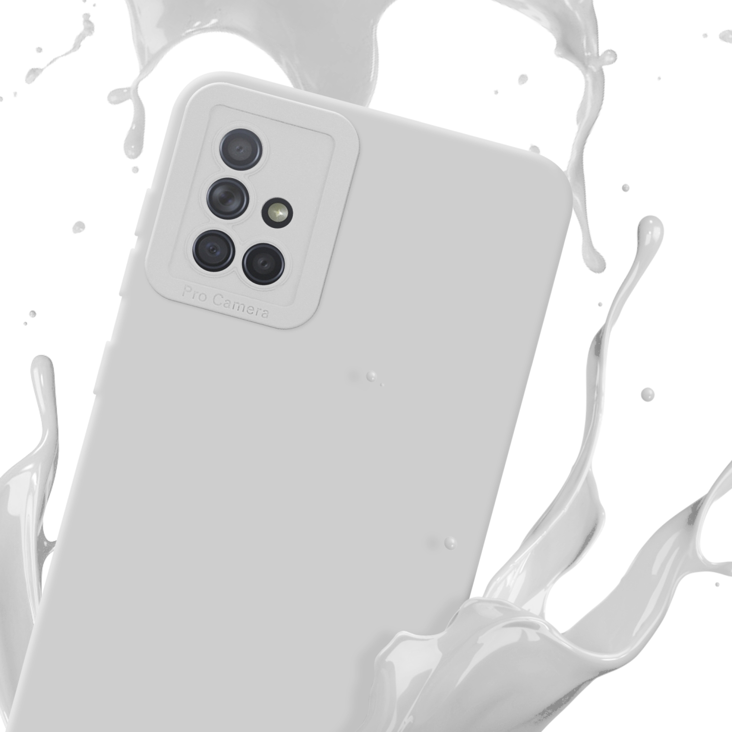 Custodia bianca con fori per fotocamera, schizzi di liquido bianco su sfondo bianco.