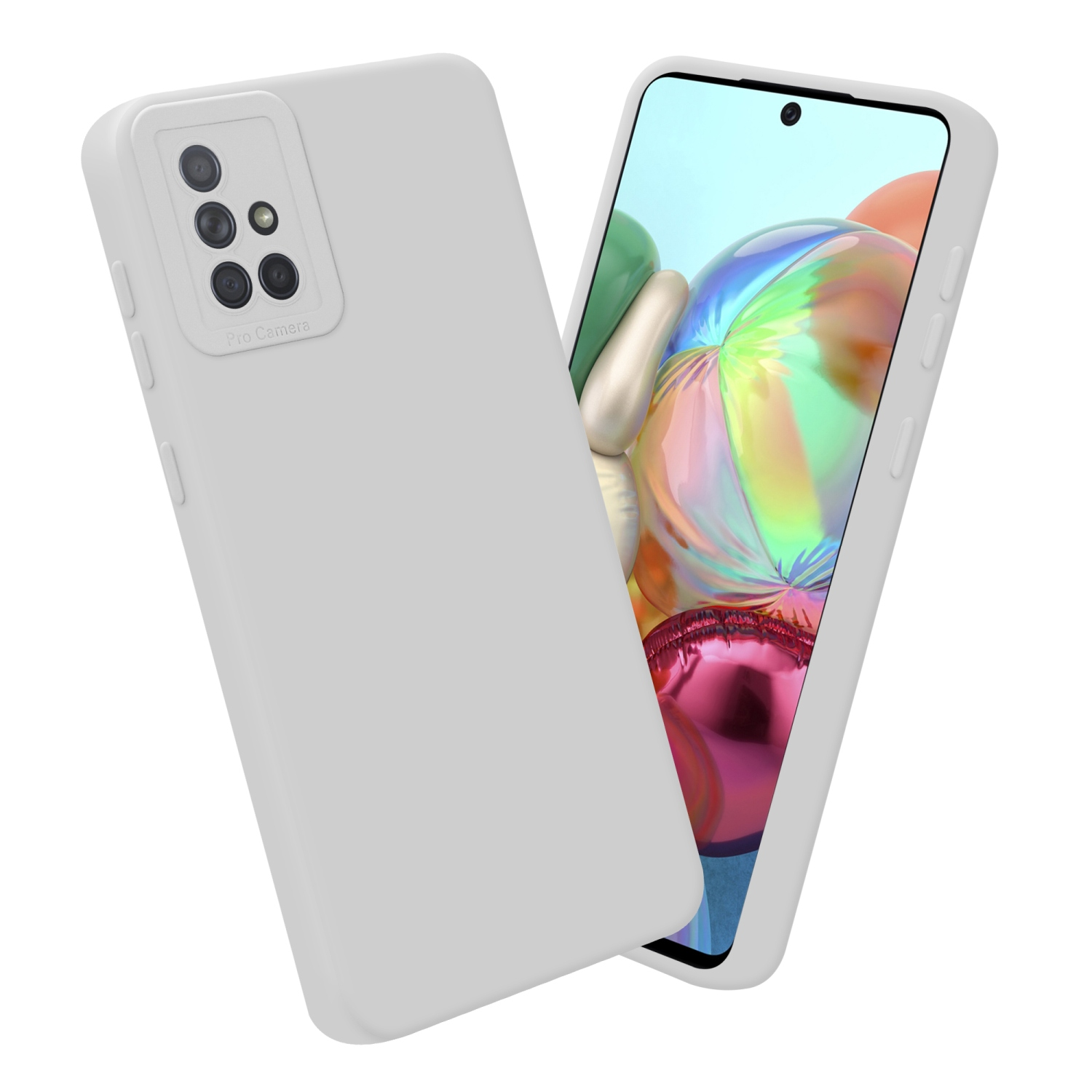 Due custodie bianche. Una con schermo del telefono che mostra forme colorate.