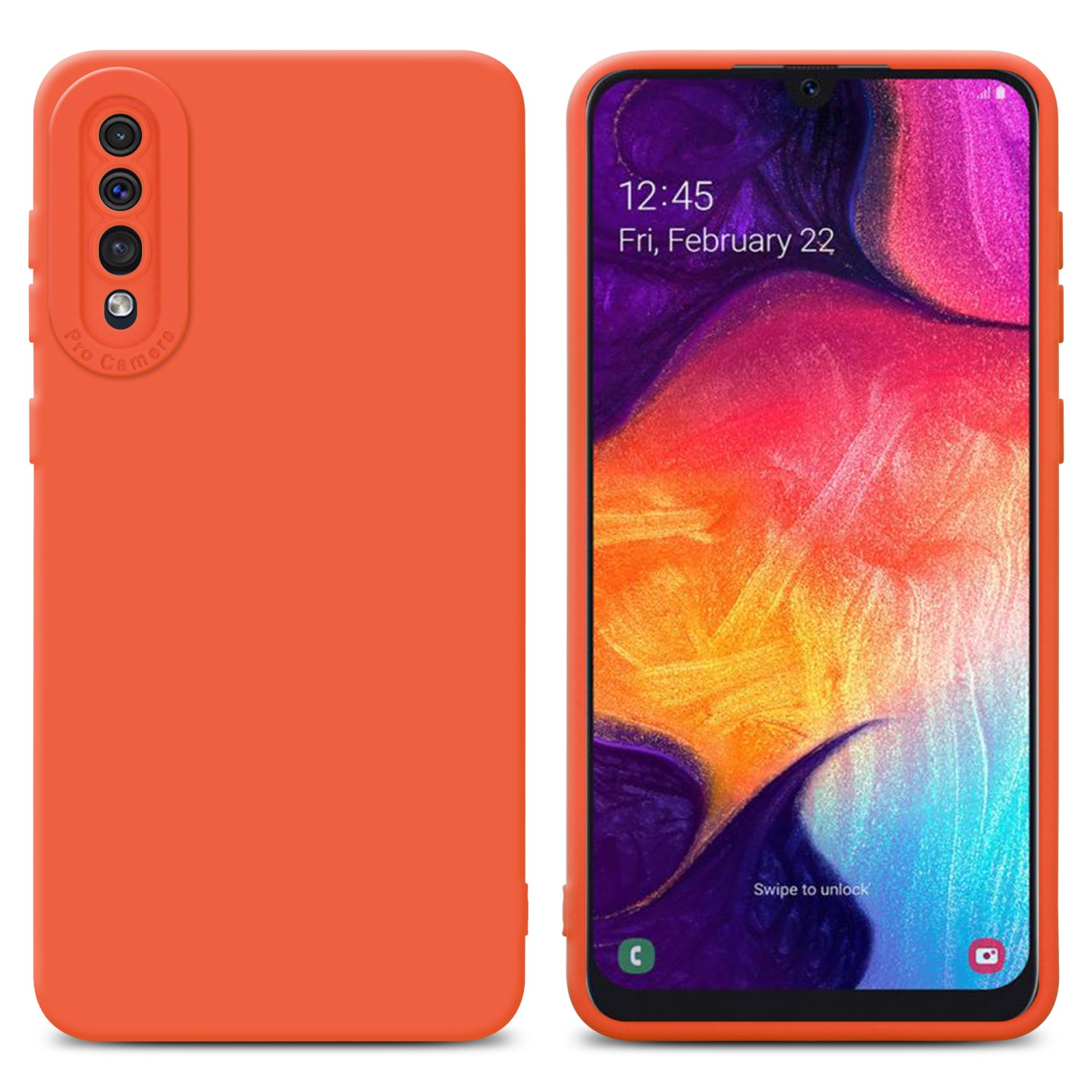 Orangefarbene Handyhülle mit Telefon rechts. Das Telefon zeigt Datum und Uhrzeit.