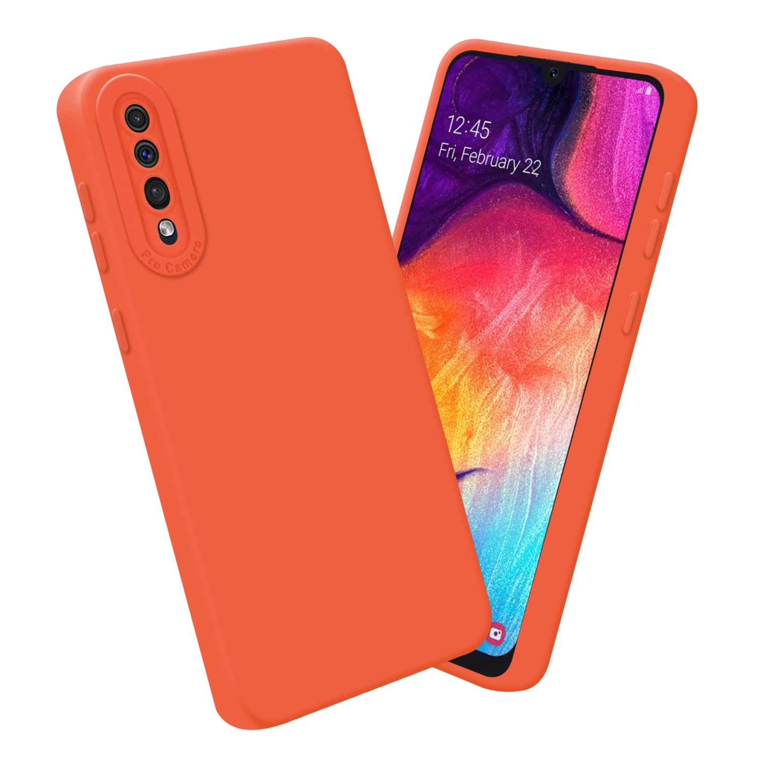 Orangefarbene Handyhülle mit Telefon. Telefon zeigt Datum: 12:45, Fr, 22. Februar.