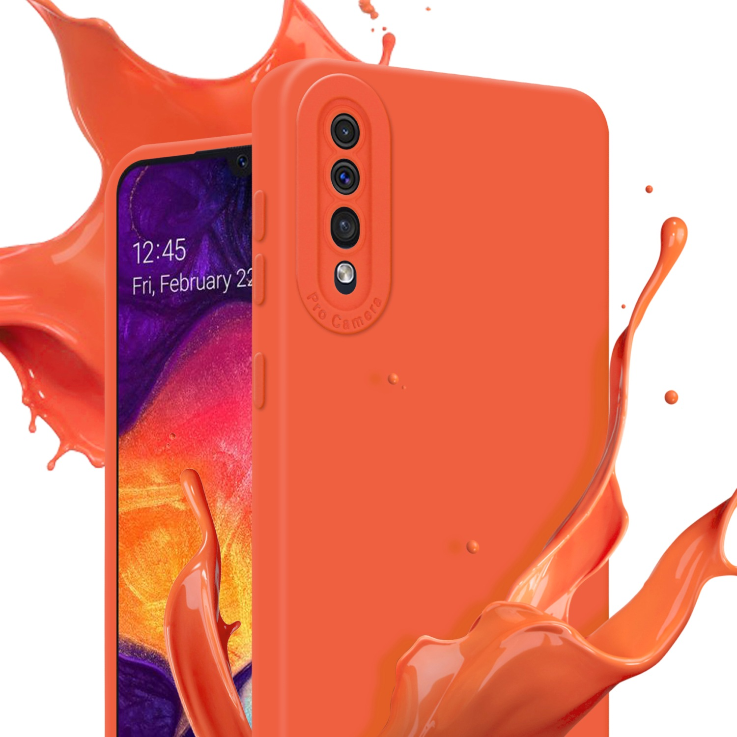 Orange Handyhülle mit Handy. Oranger Farbspritzer im Hintergrund.