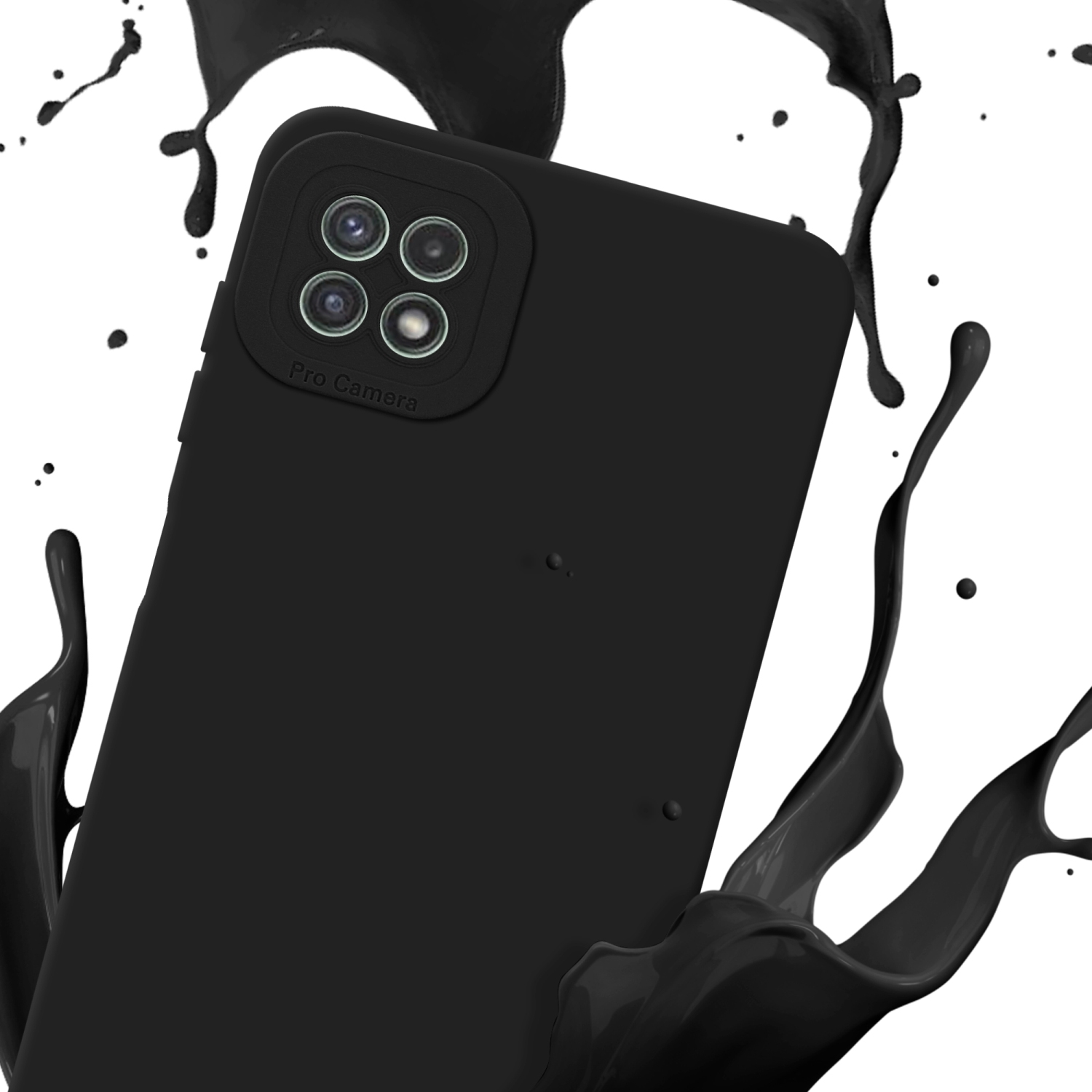 Coque de téléphone noire avec des éclaboussures de peinture noire. Vue arrière.