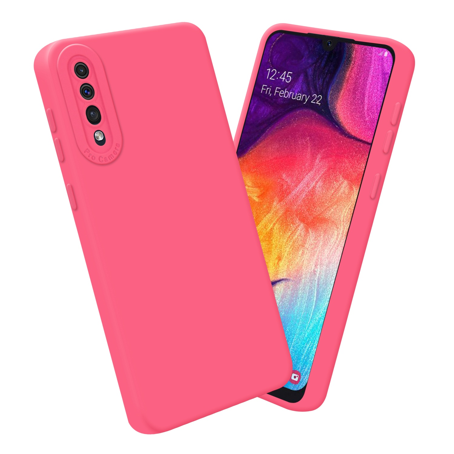 Custodia rosa per telefono su un telefono, lo sfondo è uno schermo con ora e data.
