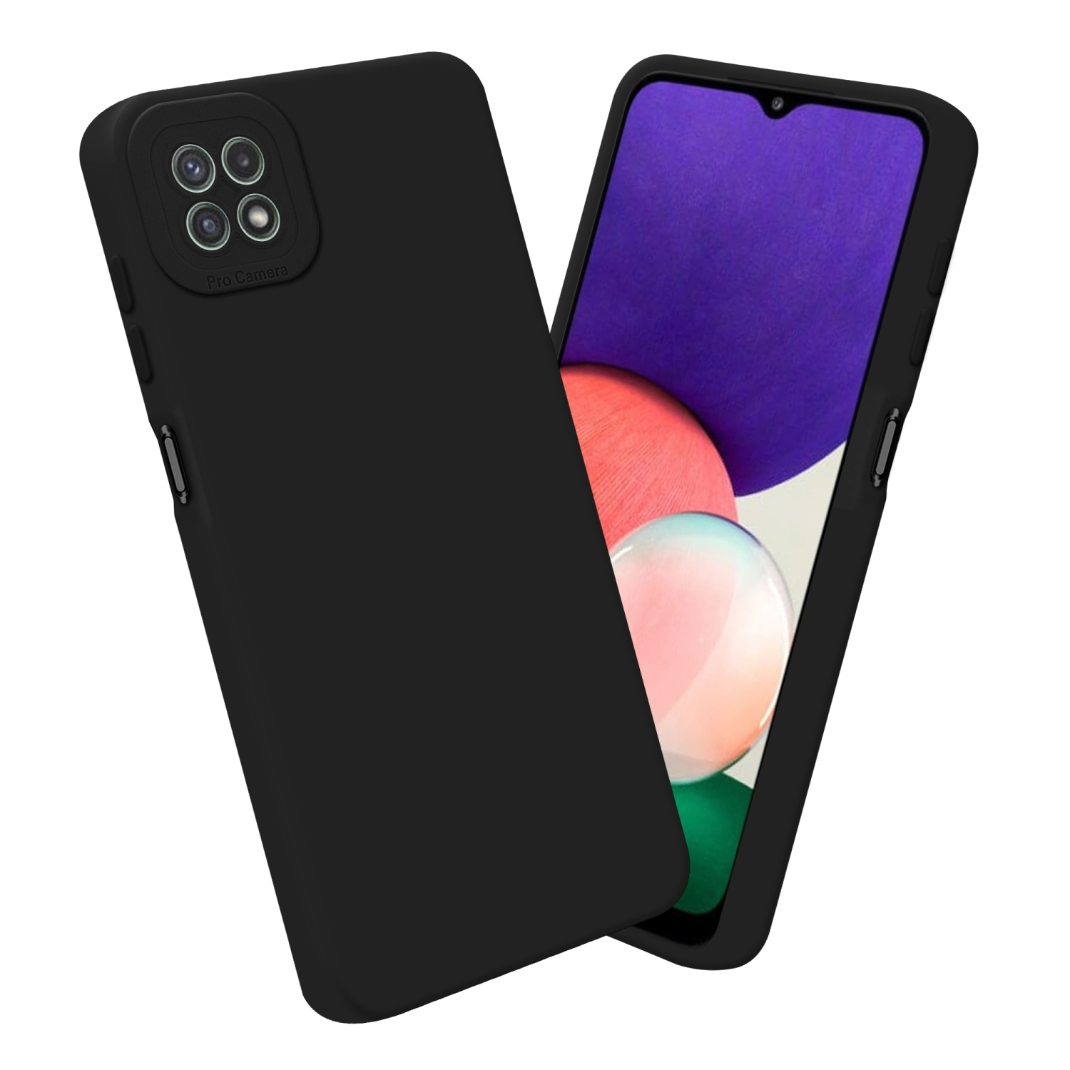 Deux étuis de téléphone noirs avec un téléphone à l'intérieur. L'un est incliné, l'autre plat.