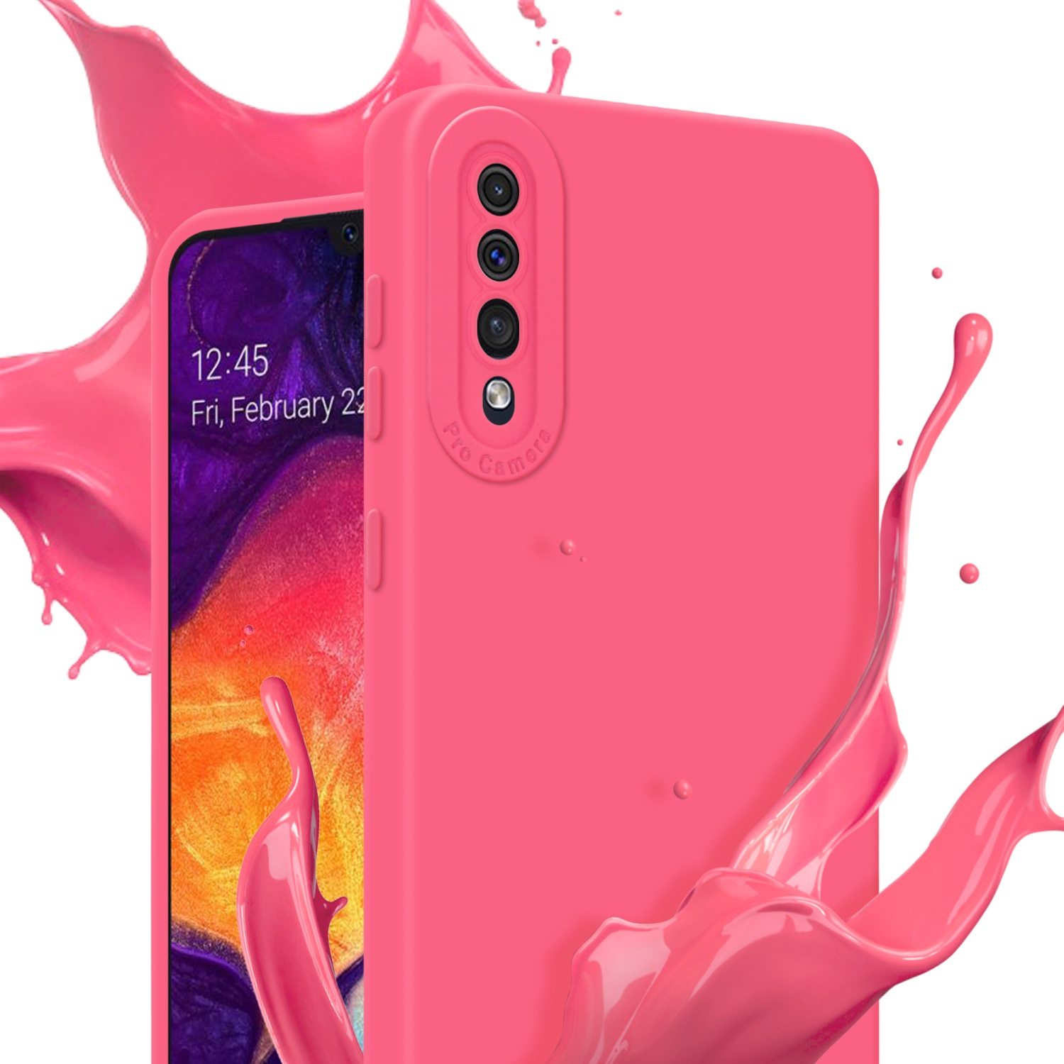 Custodia per telefono rosa con schizzo di vernice rosa. Il telefono ha una fotocamera e mostra l'ora e la data.