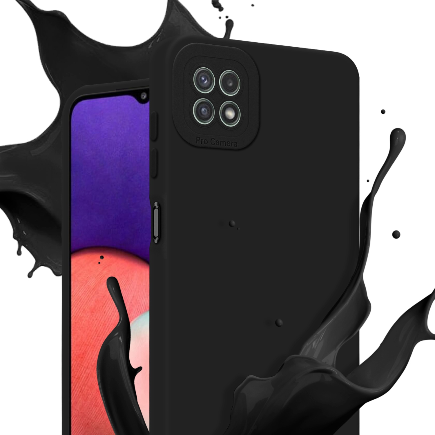 Coque de téléphone noire avec écran violet. Éclaboussures de peinture noire en arrière-plan.