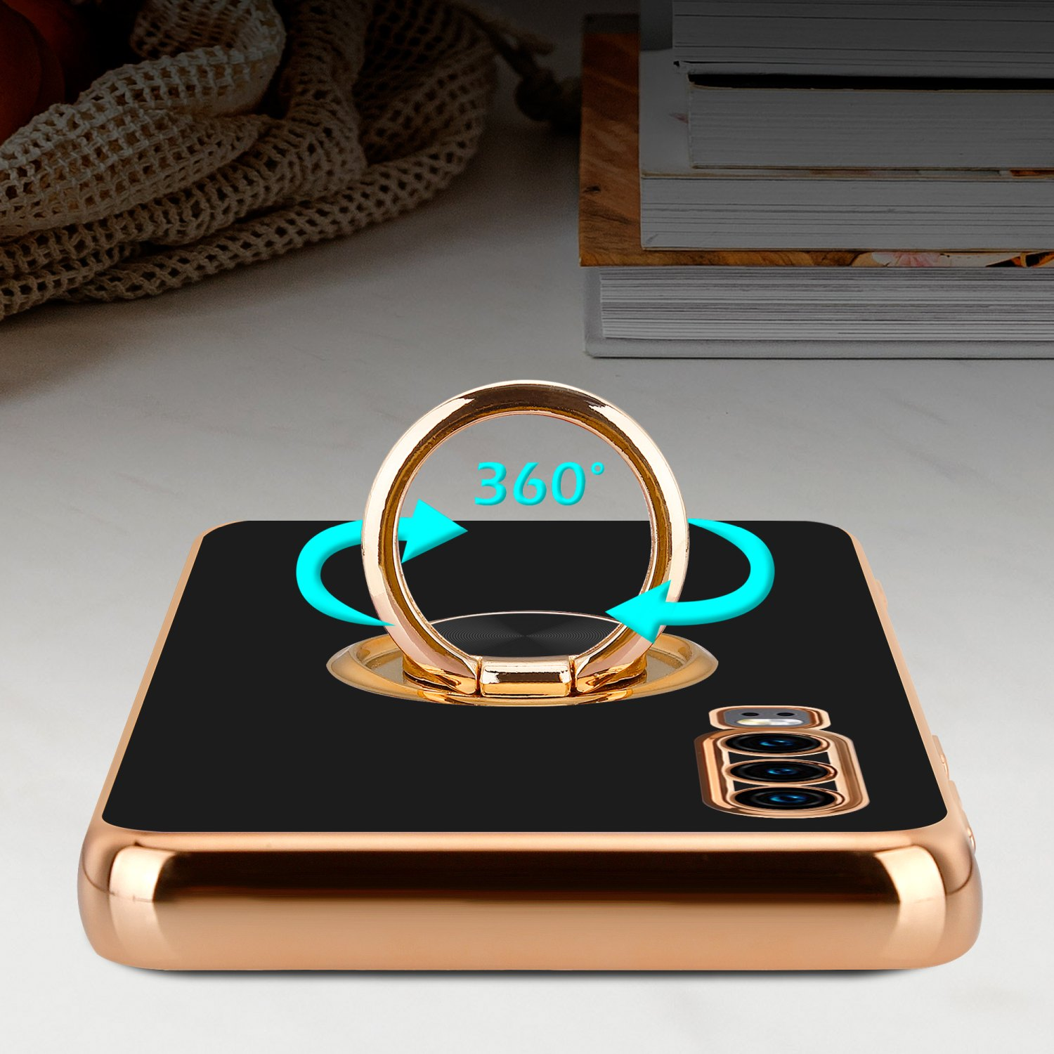 Schwarze Handyhülle mit Goldring, Pfeile zeigen 360° Drehung an.