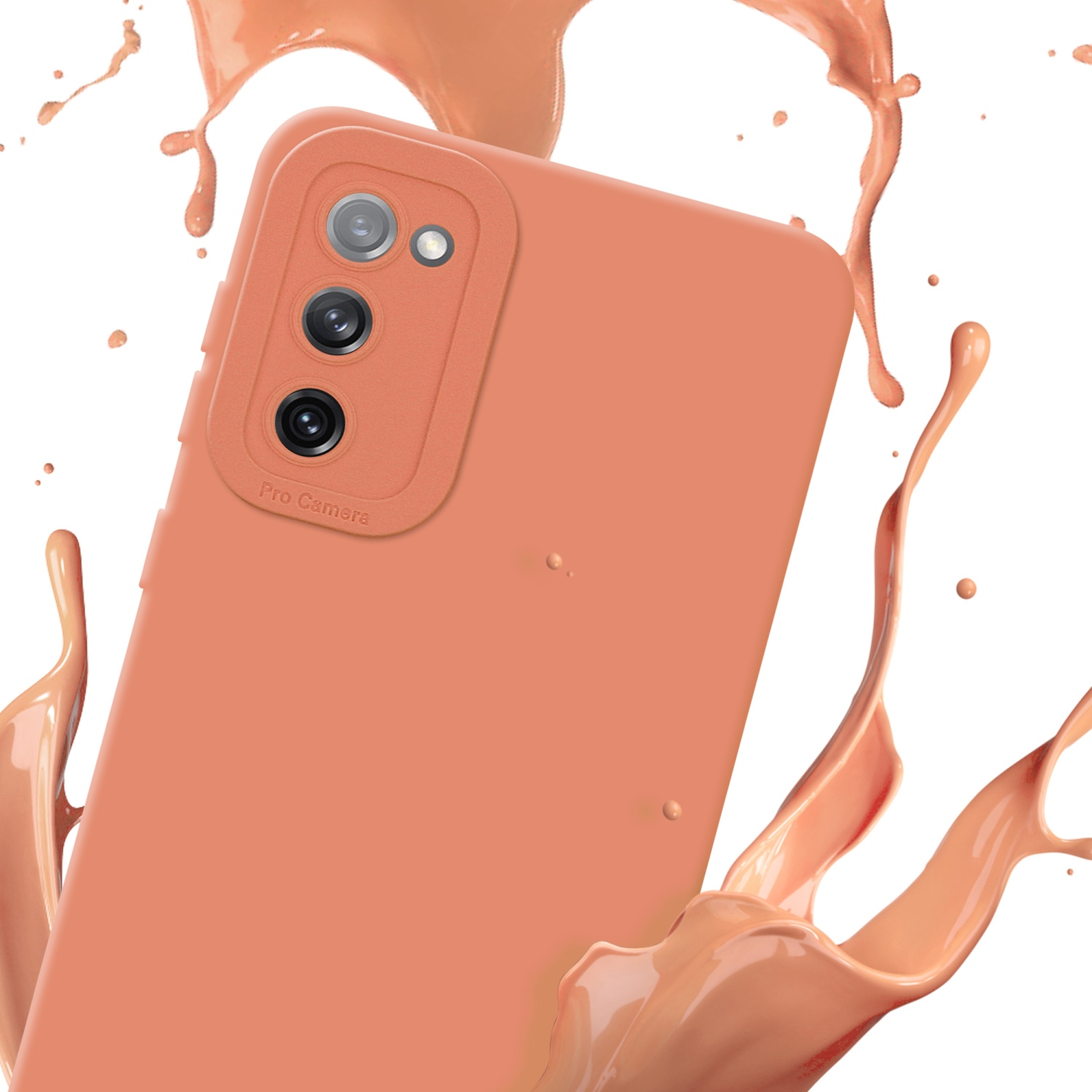 Custodia arancione per telefono con modulo fotocamera e schizzi di liquido arancione. Lo sfondo è bianco.